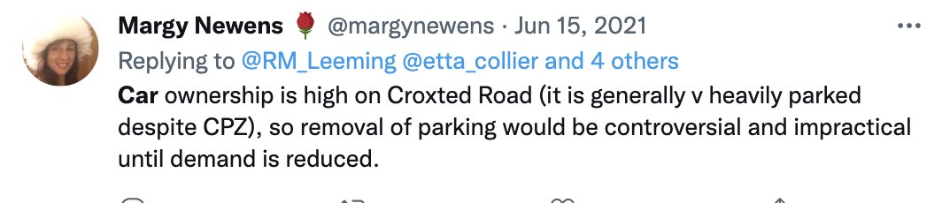 DulwichCleanAir's tweet image. Seems like the cllr for DV is saying that residents of Croxted Rd deserve the congestion that Southwark forced on them, but strangely doesn't say a word about the very high car ownership on the closed roads of Calton Ave, Court Lane and Gilkes Crescent...strange that.