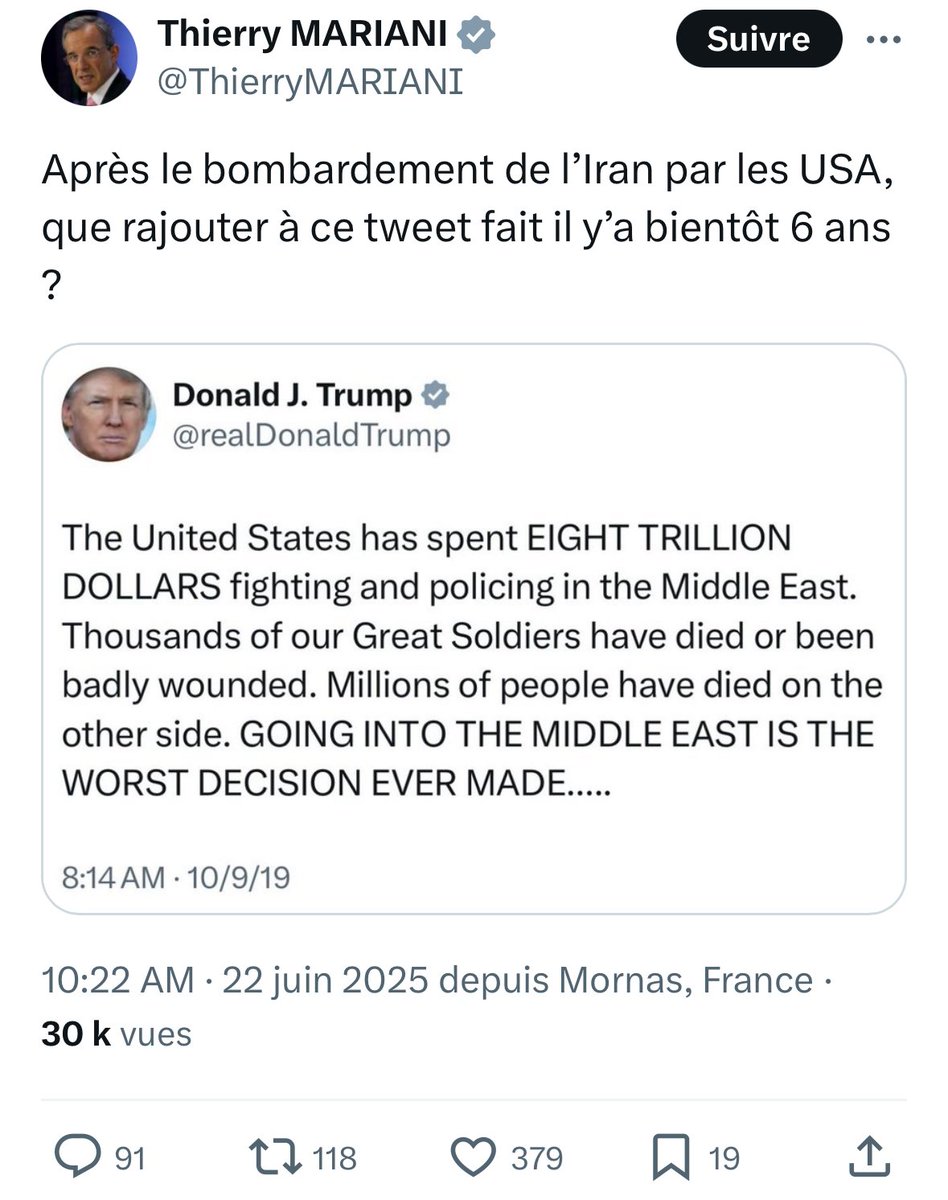 Et c’est le drame !

PS : Mariani est vraiment pro-régime Iranien , il avait fait une visite « découverte » dans le temps (digne d’un voyage propagandiste en URSS)