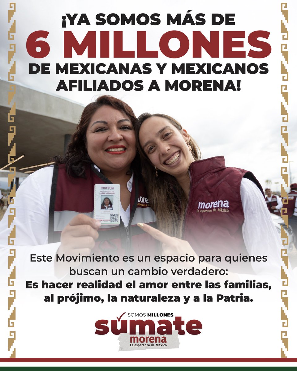 Morena (@partidomorenamx) on Twitter photo ¡La Transformación somos todas y todos!
Cada vez más mexicanas y mexicanos se suman a este Movimiento por un cambio verdadero.
¡Más de 6 millones de personas se han afiliado a #Morena! ¡La Transformación somos todas y todos!
Cada vez más mexicanas y mexicanos se suman a este Movimiento por un cambio verdadero.
¡Más de 6 millones de personas se han afiliado a #Morena!