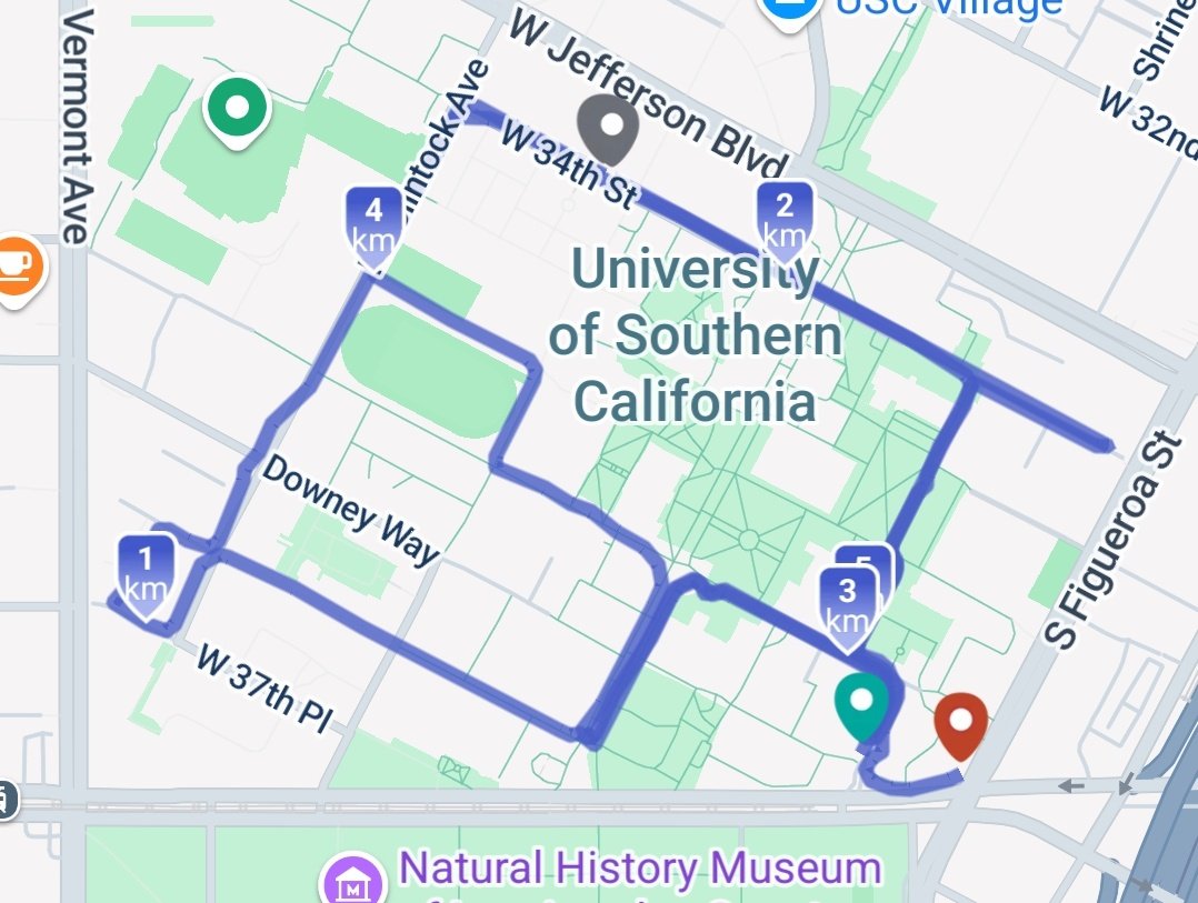 maththrills's tweet image. If you&apos;re at #RSS2025 and a #runner or #walker, you can construct routes of arbitrary length from within the secure USC campus: this is a ~5km (3 mile) &quot;2 lap&quot; route through the campus.

Quite pleasant temps and lovely scenery early in the morning...