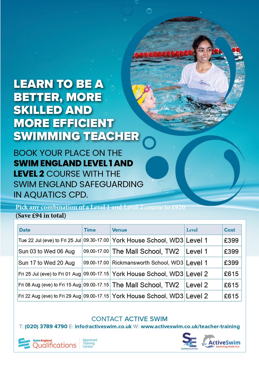 rlauma1's tweet photo. Swim England Teacher Training courses - Level 1 and 2 at Rickmansworth, Hertfordshire and Twickenham, Middlesex
@Swim_England @SE_Quals #swimming https://t.co/J02Ihobnd0