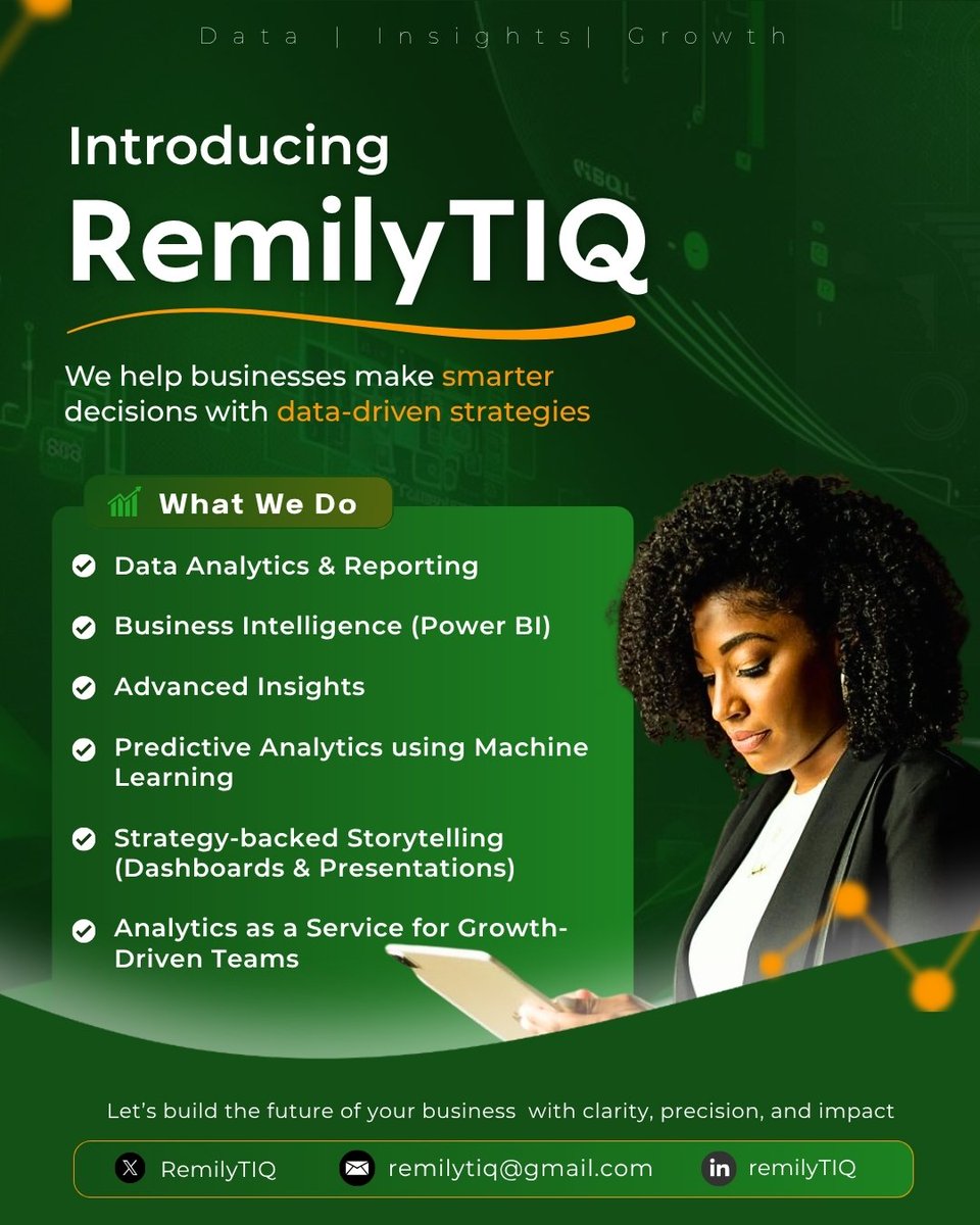 remilytiq's tweet photo. RemilyTIQ is LIVE 🌍✨✨

At RemilyTIQ:
- We help businesses understand their data by analysing the data effectively, using various data analytic tools. 
- We build and develop business strategies backed up by real evidence from analysed data https://t.co/hhakpngAtD