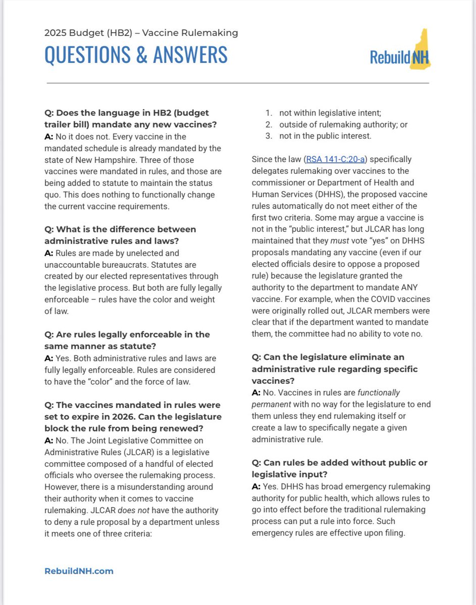 RebuildNH's tweet image. There are a lot of misconceptions and confusion regarding the language in the budget to end vaccine rule-making. RebuildNH supports the current language. We have supported previous versions of this bill with the same language.
What the bill does and does not do:
✅ Ends vaccine…