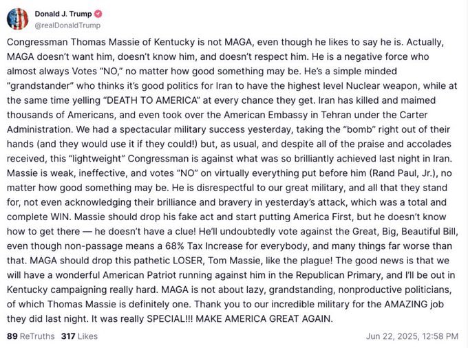 If <a href="/RepThomasMassie/">Thomas Massie</a> and <a href="/RandPaul/">Rand Paul</a> were not correct in their assessments so often Trump wouldn’t feel the need to go after them this hard. He sounds like George Bush more and more with every post.