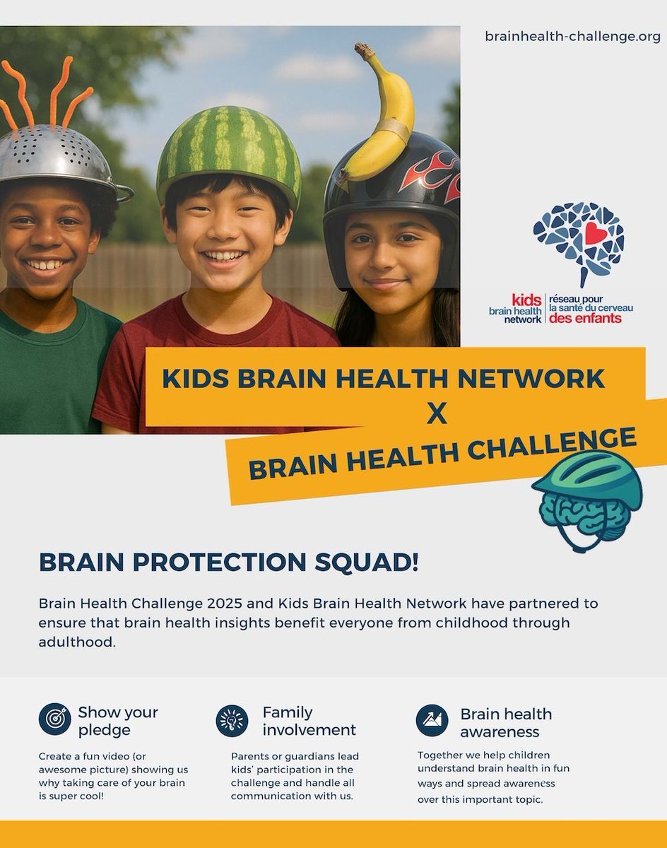 KidsBrainHealth's tweet photo. 🧠💥 Ready to show the world that brain health matters? Kids Brain Health Network (KBHN) is teaming up with the Brain Health Challenge 2025, and we want YOU to join the movement!

Take part in the #BrainHealthChallenge2025:

1️⃣ Snap a pic or video of yourself rocking a helmet (or any headgear!) in the most unexpected spot you can find.

2️⃣ Share what brain health means to you.

3️⃣ Tag @KidsBrainHealth and use #BrainHealthChallenge2025, then pass the challenge on to a friend!

Huge thanks to the Brain Health Challenge team for creating this awesome poster to help spread the word! 🙌 

Learn more: https://t.co/gfvvCZtfv0 @brainhealth2025