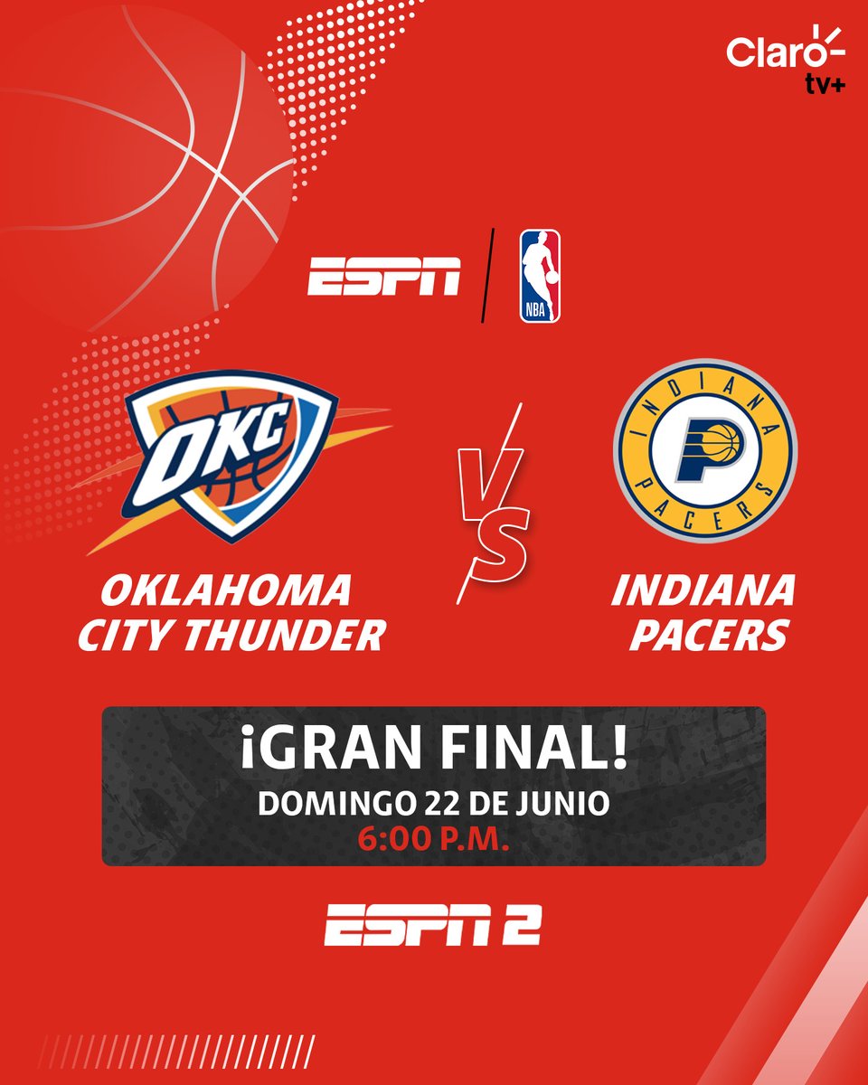 ClaroNicaragua's tweet photo. Oklahoma City Thunder vs Indiana Pacers: el duelo final por la gloria 🏀 🔥 Dos equipos, un solo campeón. La historia se escribe este 22 de junio. ⚡ No te perdás la emoción de la gran final EN VIVO por ESPN 👉 https://t.co/xdnclB9ptR
#ESPN #DueloFinal #ClaroQueSí https://t.co/yRxCzOjZo1