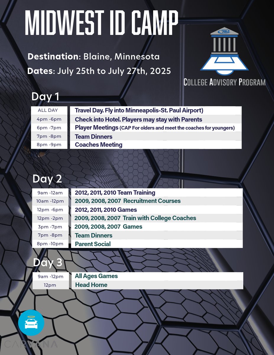 We're excited to announce a new Midwest ID Camp for Rush players to get noticed by college coaches!

Dates: July 25-27, 2025
Ages: 2012-2007 Birth Year players
Cost: $125
Location: Blaine, MN

Sign ups are open now! Don't miss out: rushsoccer.com/college-adviso…

<a href="/RushSoccer/">Rush Soccer</a>