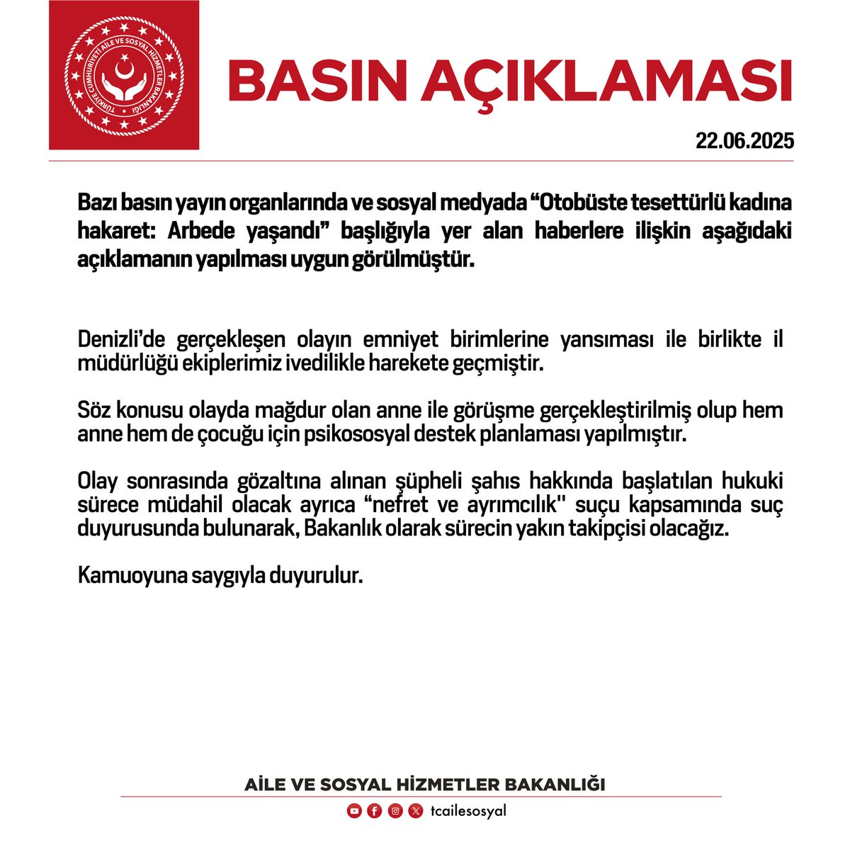 ❗️Bazı basın yayın organlarında ve sosyal medyada “Otobüste tesettürlü kadına hakaret: Arbede yaşandı” başlığıyla yer alan haberlere ilişkin basın açıklamamız.