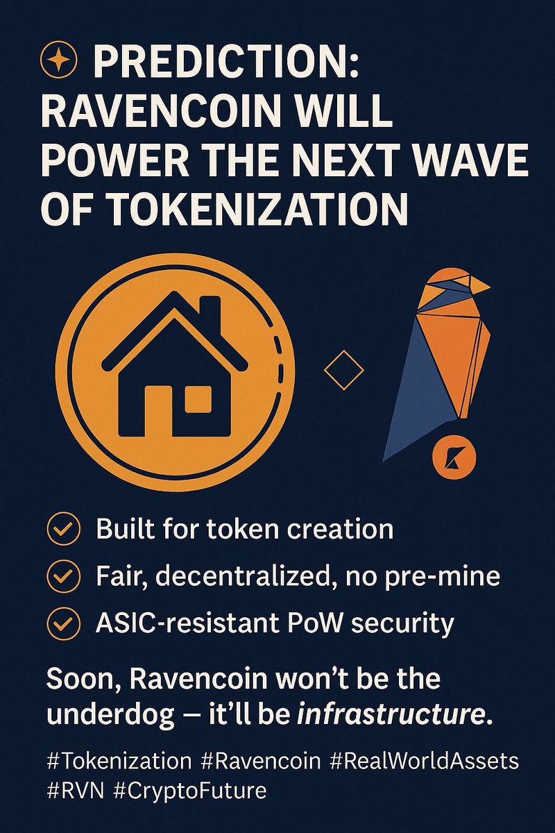 Ravencoin Will Power the Next Wave of Tokenization

As real estate, stocks &amp; assets go on-chain, $RVN stands ready.
✅ Built for token creation
✅ Fair, decentralized, no pre-mine
✅ ASIC-resistant PoW security

🌐 Soon, Ravencoin won’t be the underdog — it’ll be infrastructure.
