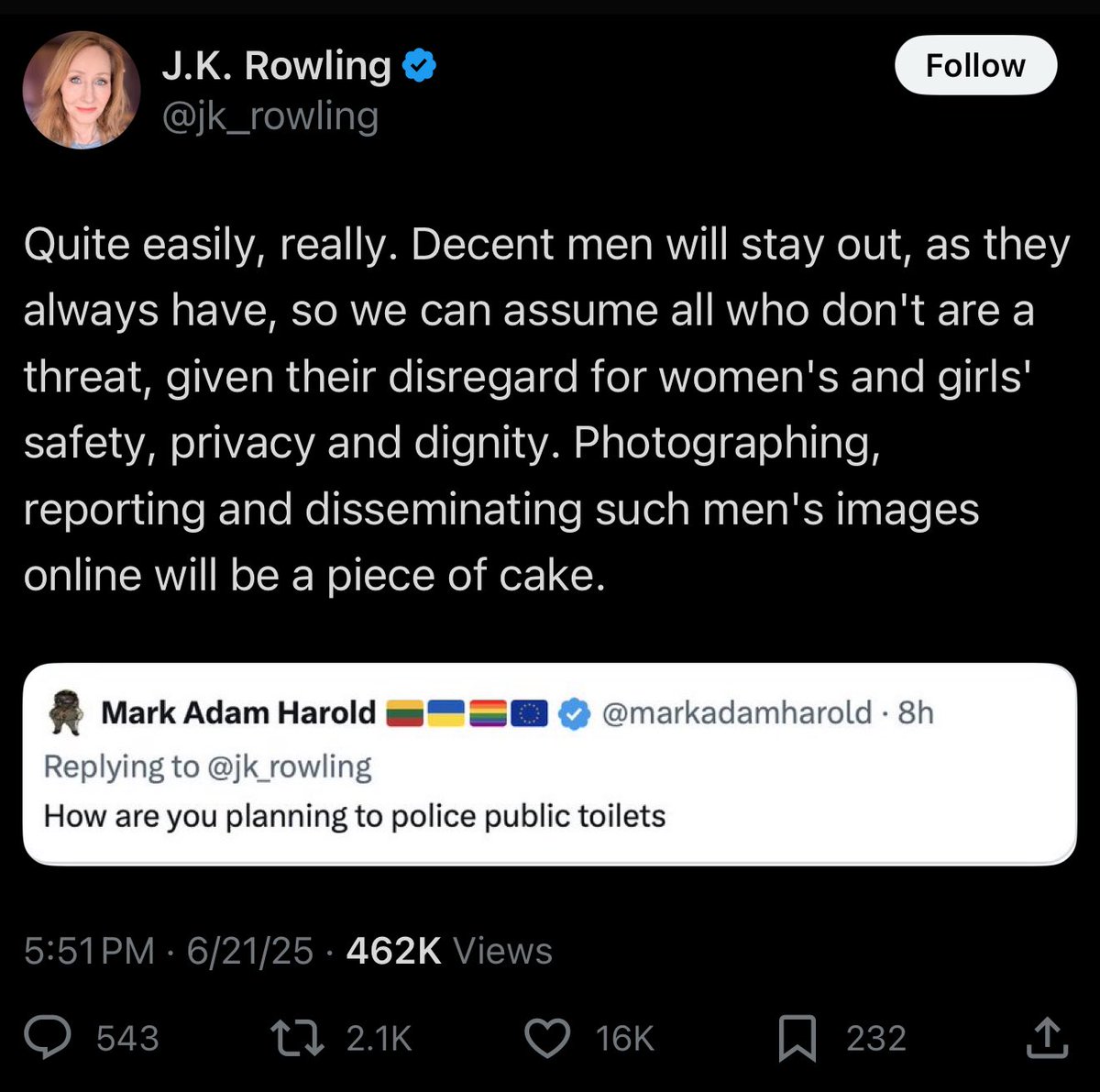 JK Rowling suggesting taking pictures of strangers in bathrooms and posting them on the internet