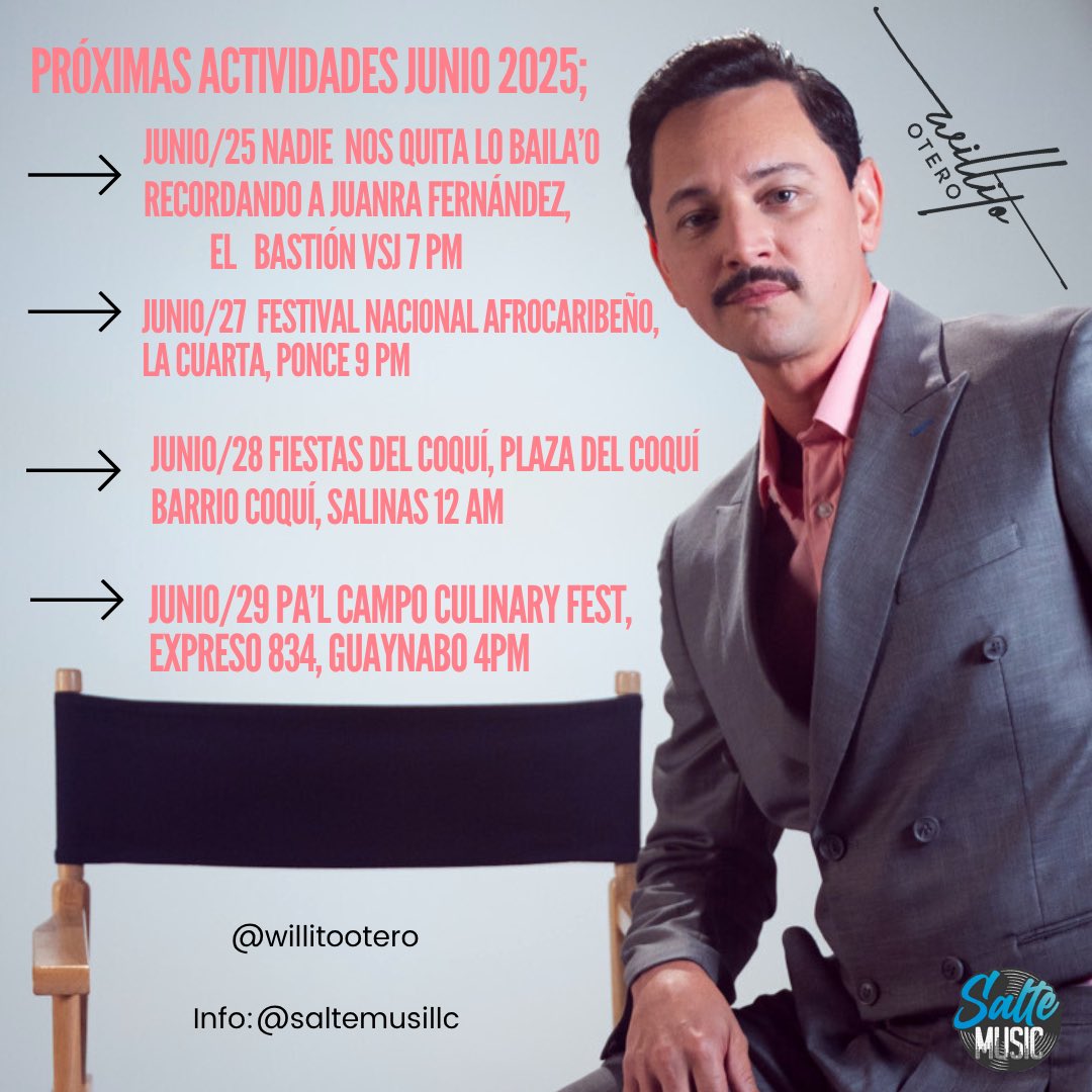 WillitoOtero's tweet photo. Esta semana viene llena de Salsa;
#viejosanjuan #bastion #vsj 
#ponce #lacuarta 
#salinas #coqui 
#guaynabo #expreso 
Espero verles y saludarlos. Tendré mi última producción 4/20 en físico a la venta en todos los eventos para poder firmársela y tirarnos la fotito obligatoria 📸 https://t.co/eBfUImHYhC