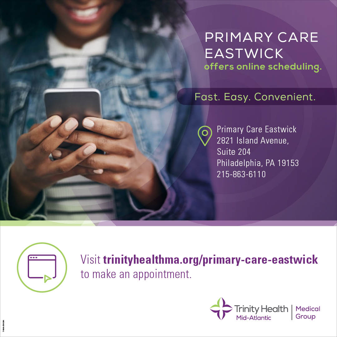 You can schedule an appointment online with a Trinity Health Mid-Atlantic Medical Group provider at our Primary Care Eastwick practice.
 
Online scheduling is Fast, Easy and Convenient. Skip the phones. Make an appointment today! Click here: trinityhealthma.org/primary-care-e…