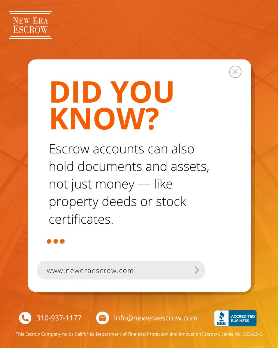 neweraescrow_'s tweet image. 💡 DYK?
Escrow isn’t just about holding money.
It can also secure important documents and assets—like property deeds or stock certificates—until conditions are met.

It’s about protection, not just payment.
#EscrowFacts #DYK #SmartTransactions #NewEraEscrow