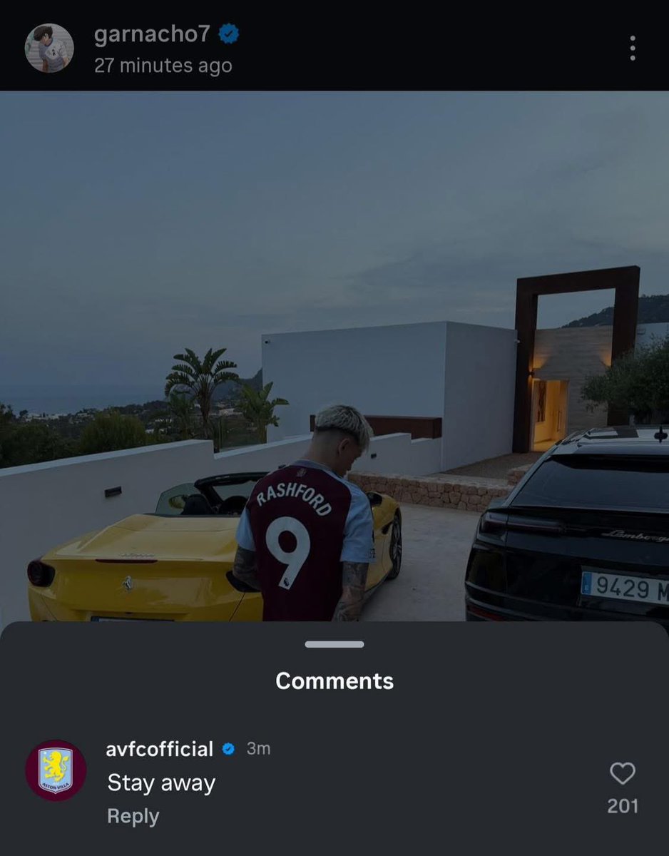 Aston Villa's reply on Alejandro Garnacho's IG post after he shared a photo of himself in a Villa kit with Rashford on the back 😂