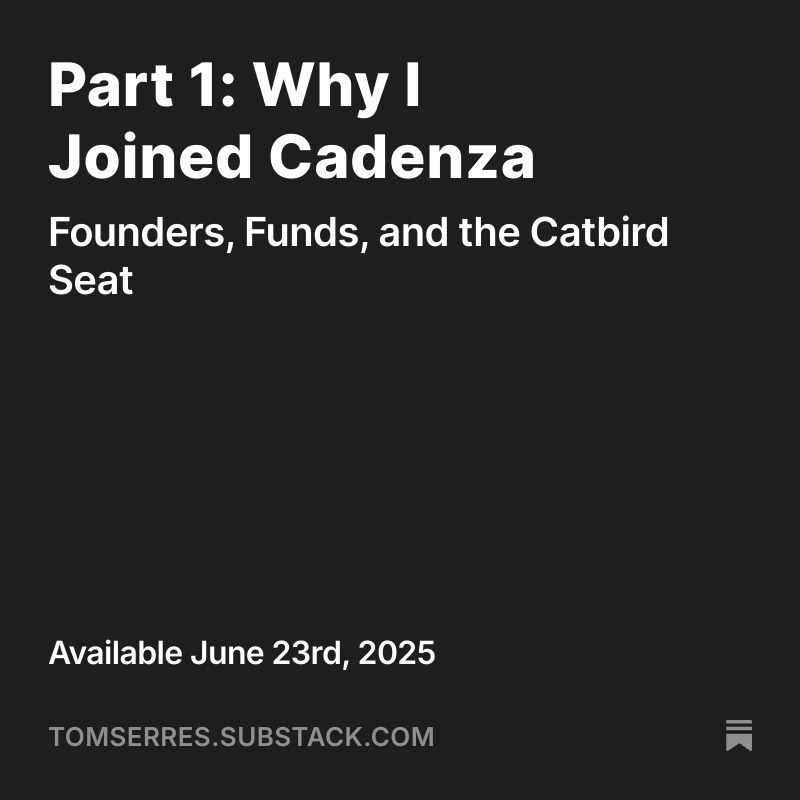 Tom Serres (@tomserres) on Twitter photo Today I’m joining <a href="/CadenzaVentures/">Cadenza Ventures</a> as a partner, sourcing across their Web3 and AI funds, with a liquid fund coming soon. Helping scale the ecosystem while continuing to build <a href="/nautilusfinance/">Nautilus Asset Management</a> and <a href="/mustaa/">Mustaa Ali</a>. This is what builder-investor culture looks like. tomserres.substack.com/p/part-1-why-i… Today I’m joining <a href="/CadenzaVentures/">Cadenza Ventures</a> as a partner, sourcing across their Web3 and AI funds, with a liquid fund coming soon. Helping scale the ecosystem while continuing to build <a href="/nautilusfinance/">Nautilus Asset Management</a> and <a href="/mustaa/">Mustaa Ali</a>. This is what builder-investor culture looks like. tomserres.substack.com/p/part-1-why-i…