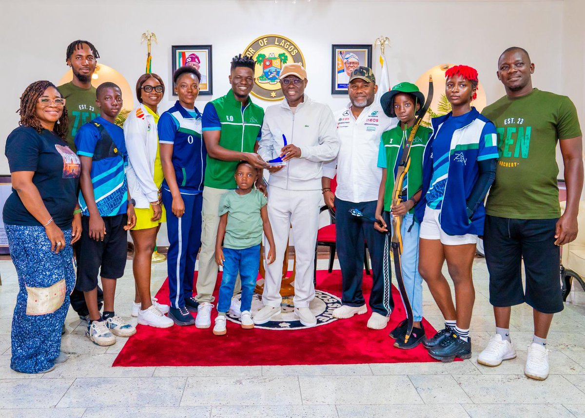 Mr_JAGs's tweet photo. Governor of Lagos State, Mr @jidesanwoolu today received Mr Emmanuel Oyeleke @EmmanuelOyeleK of Zen Archery, Lagos on a Courtesy Visit at the Lagos House, Marina. 

Mr Emmanuel Oyeleke is a visual artist with over a decade experience and now an archer, he has rapidly moved up the ranks of archery to become the Nigerian National Archery Champion, and he currently leads the Nigerian Archery Team as its captain.

In 2022, he represented Nigeria at the 12th African Archery Championship in South Africa, where his team secured silver medals. 

Emmanuel has founded Zen Archery in
2023, an organization focused on promotion of archery and developing the sport in Nigeria.

#ZenArchery 
#EmmanuelOyeleke 
#GreaterLagosRising