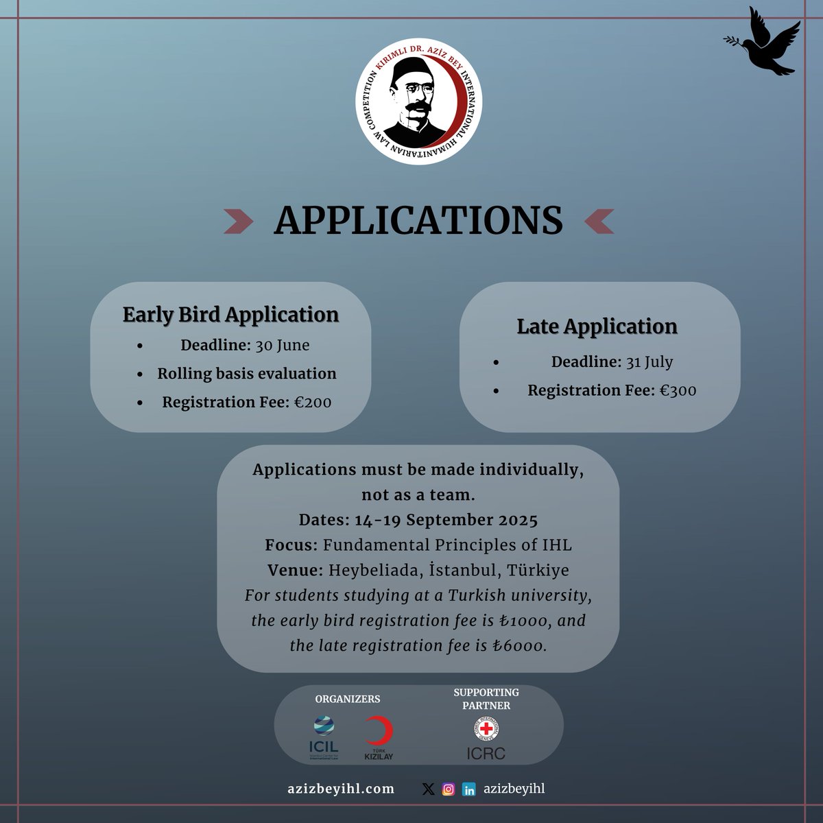 Apply by the early bird deadline of 30 June!

For more information, visit azizbeyihl.com!