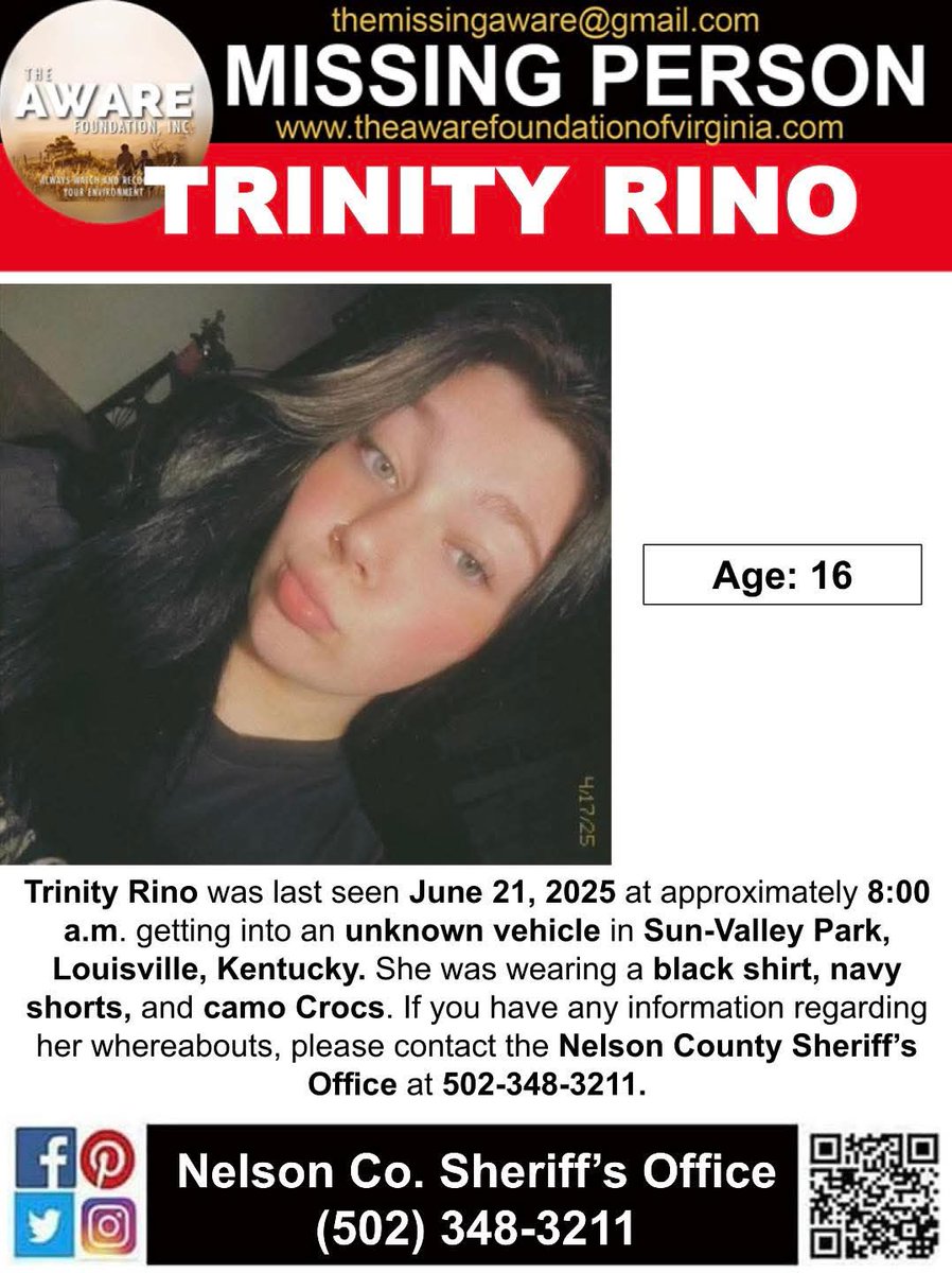***MISSING JUVENILE***
Trinity Rino was last seen June 21, 2025 at approximately 8:00 a.m. getting into an unknown vehicle in Sun-Valley Park, Louisville, Kentucky. She was wearing a black shirt, navy shorts, and camo Crocs. If you have any information regarding her whereabouts,
