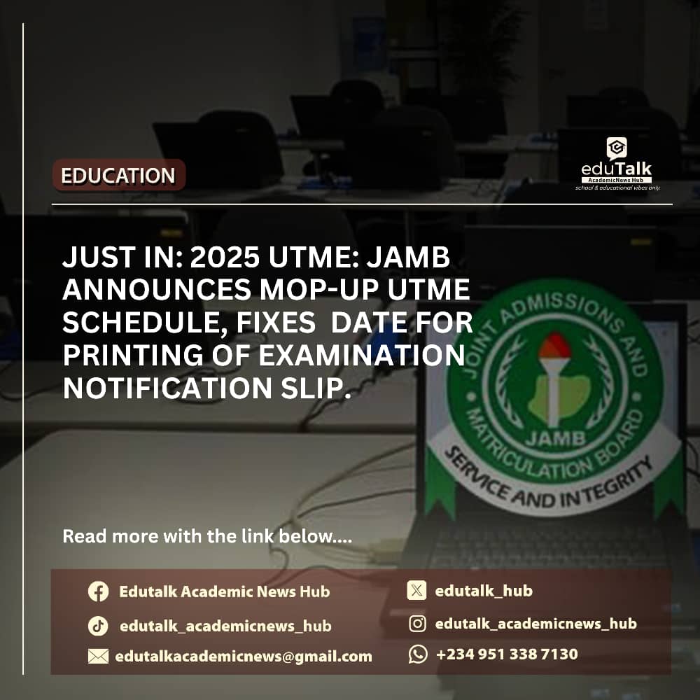edutalk_hub's tweet photo. 📍JUST IN: JAMB fixes 2025 UTME Mop-Up Exam for Saturday, June 28. Eligible candidates to print exam slips from Monday, June 23.

#JAMB2025 #UTMEMopUp #EduUpdates https://t.co/gE6NZaeNmC