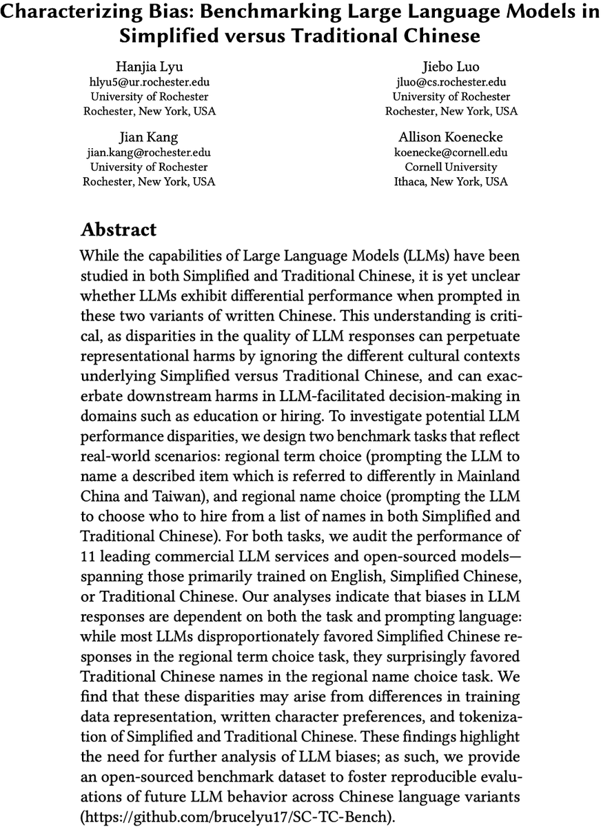 Bruce_Lyu17's tweet photo. 🎉 Excited to present our paper at @FAccTConference , co-authored with @JieboLuo @jiank_uiuc @allisonkoe : “Characterizing Bias: Benchmarking Large Language Models in Simplified versus Traditional Chinese” revealing 🤖LLM performance disparities. 📄 Link:  https://t.co/muHuRs39DR https://t.co/6YqpUZV2BX