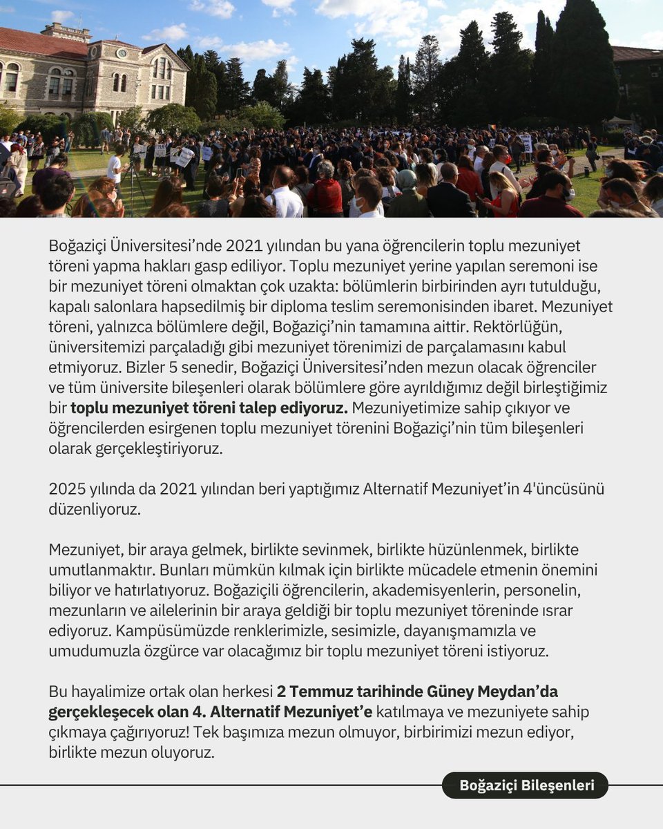 butikboun's tweet image. Boğaziçi Üniversitesi bileşenleri olarak 2 Temmuz&apos;da Güney Meydan&apos;da, Alternatif Mezuniyet&apos;teyiz!