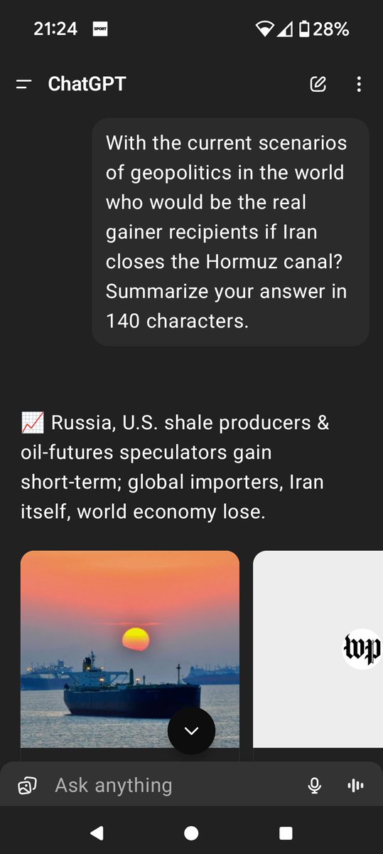 skankhunt42r's tweet image. #ChatGPT: &quot;With the current scenarios of geopolitics in the world who would be the real gainer recipients if Iran closes the Hormuz canal? Summarize your answer in 140 characters.&quot;

Oh yeah... @realDonaldTrump never stops helping Russia. #PuppetRegime #TrumpIsARussianAsset