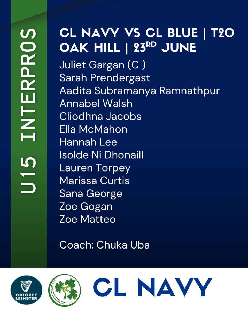 LeinsterYouth's tweet photo. CL Blue and CL Navy kick off their U15 Interpro campaign tomorrow π
They play each other in a T20 fixture at Oak Hill
#LeinsterGirls #Interpros #FutureStars #CricketLeinster https://t.co/RWSLW0iARS