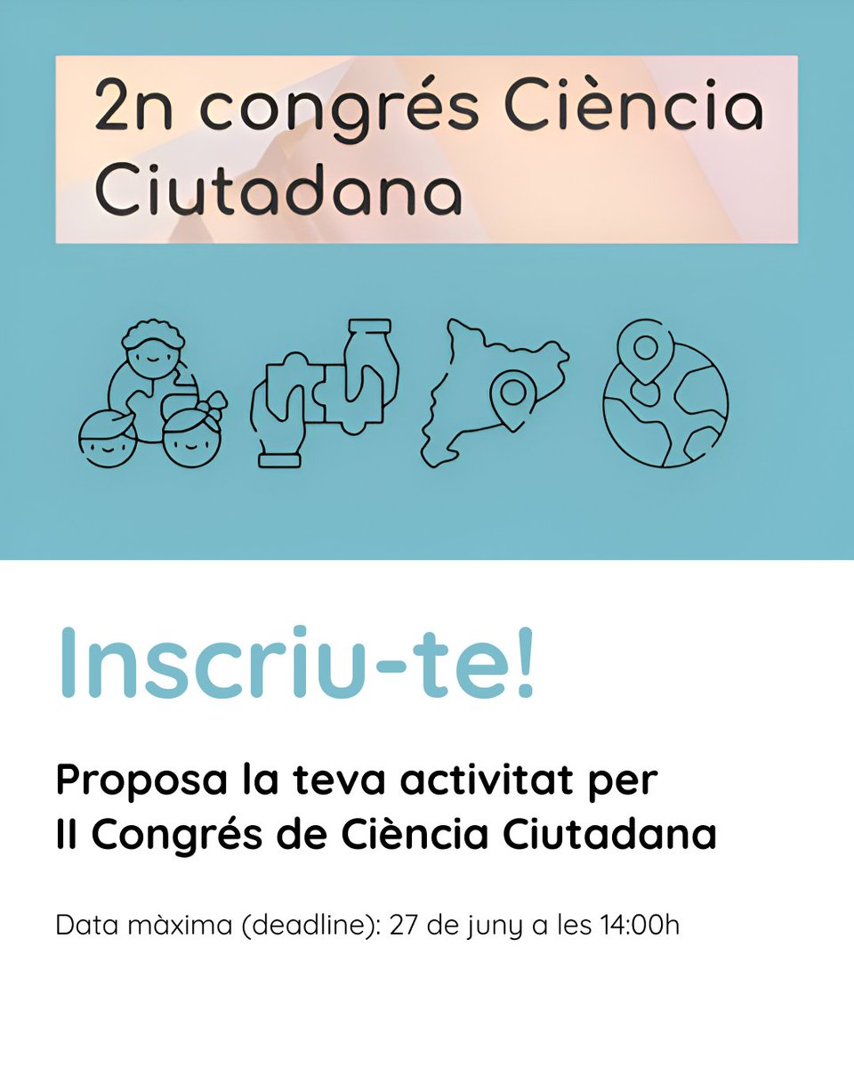ISGlobal (@isglobalorg) on Twitter photo 🧬 S’ha ampliat el termini per presentar propostes al II Congrés de #CiènciaCiutadana! Nou límit: 27 de juny a les 14 h.
🗓️ 17-18 novembre
📍 <a href="/the_prbb/">Biomedicina BCN</a>, Barcelona
👤 Conferència inaugural: Francis Mojica
🔗 f.mtr.cool/nhksvxsplz
#IICongrésCiènciaCiutadana #RecercaOberta cc 🧬 S’ha ampliat el termini per presentar propostes al II Congrés de #CiènciaCiutadana! Nou límit: 27 de juny a les 14 h.
🗓️ 17-18 novembre
📍 <a href="/the_prbb/">Biomedicina BCN</a>, Barcelona
👤 Conferència inaugural: Francis Mojica
🔗 f.mtr.cool/nhksvxsplz
#IICongrésCiènciaCiutadana #RecercaOberta cc