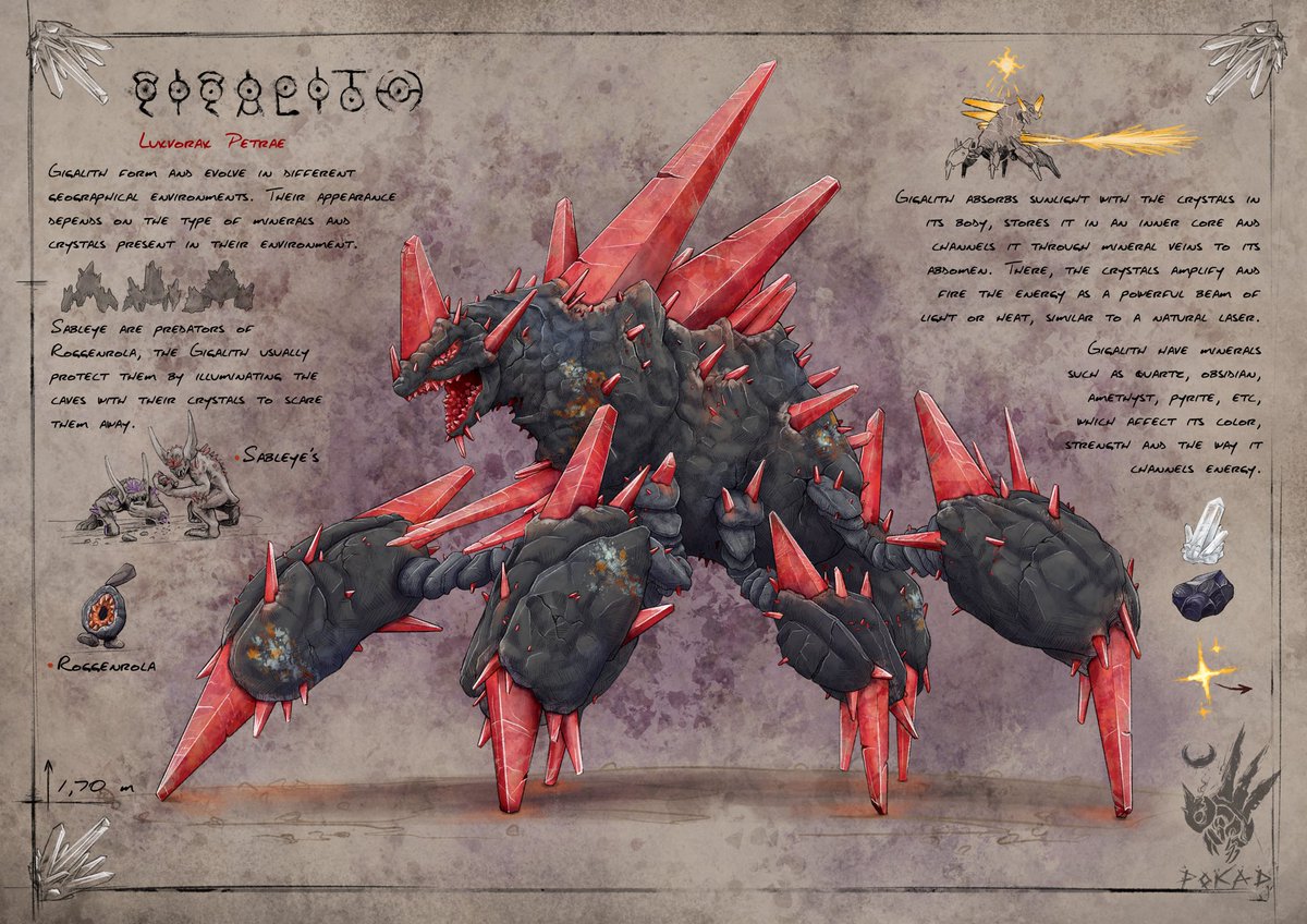 Gigalith, the mineral-eater, a six-legged beast that absorbs sunlight and channels it to shoot a beam of light from the crystals in its chest.
#pokemon #pokemonfanart