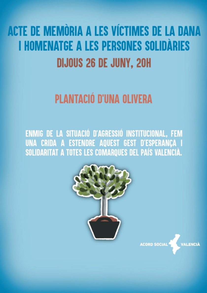 Acte de memòria a les víctimes de la DANA i homenatge a les persones solidàries.

<a href="/AcordSocialVLC/">Acord Social Valencià</a> <a href="/KolectivosParke/">Koordinadora de Kol·lectius Parke</a>