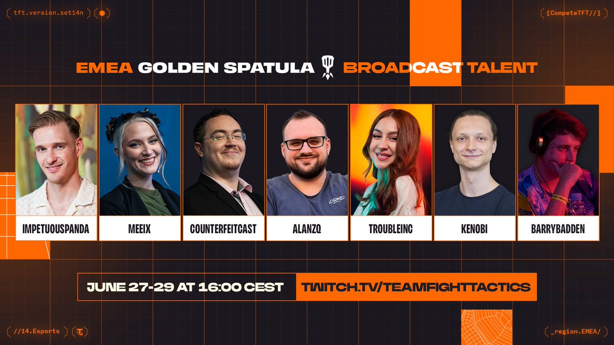 Compete TFT (@competetft) on Twitter photo Meet the talented voices who'll support us during the #TFTEsportsEMEA Golden Spatula:
🎙️ <a href="/ImpetuousPanda/">David Nolskog</a>
🎙️ <a href="/meeix_/">Meeix (pronounced: “makes”)</a>
🎙️ <a href="/CounterfeitCast/">Peter Hartnell</a>
🎙️ <a href="/AlanzqTFT/">Mateusz Jasiński</a>
🎙️ <a href="/g_troubleinc/">Troubleinc.</a>
🎙️ <a href="/Kenobi_TFT/">Kenobi</a>
🎙️ <a href="/BarryBadden/">Barry 🇪🇺</a>
🏆 June 27-29
🔗 bit.ly/S14EMEAGSViewe… Meet the talented voices who'll support us during the #TFTEsportsEMEA Golden Spatula:
🎙️ <a href="/ImpetuousPanda/">David Nolskog</a>
🎙️ <a href="/meeix_/">Meeix (pronounced: “makes”)</a>
🎙️ <a href="/CounterfeitCast/">Peter Hartnell</a>
🎙️ <a href="/AlanzqTFT/">Mateusz Jasiński</a>
🎙️ <a href="/g_troubleinc/">Troubleinc.</a>
🎙️ <a href="/Kenobi_TFT/">Kenobi</a>
🎙️ <a href="/BarryBadden/">Barry 🇪🇺</a>
🏆 June 27-29
🔗 bit.ly/S14EMEAGSViewe…