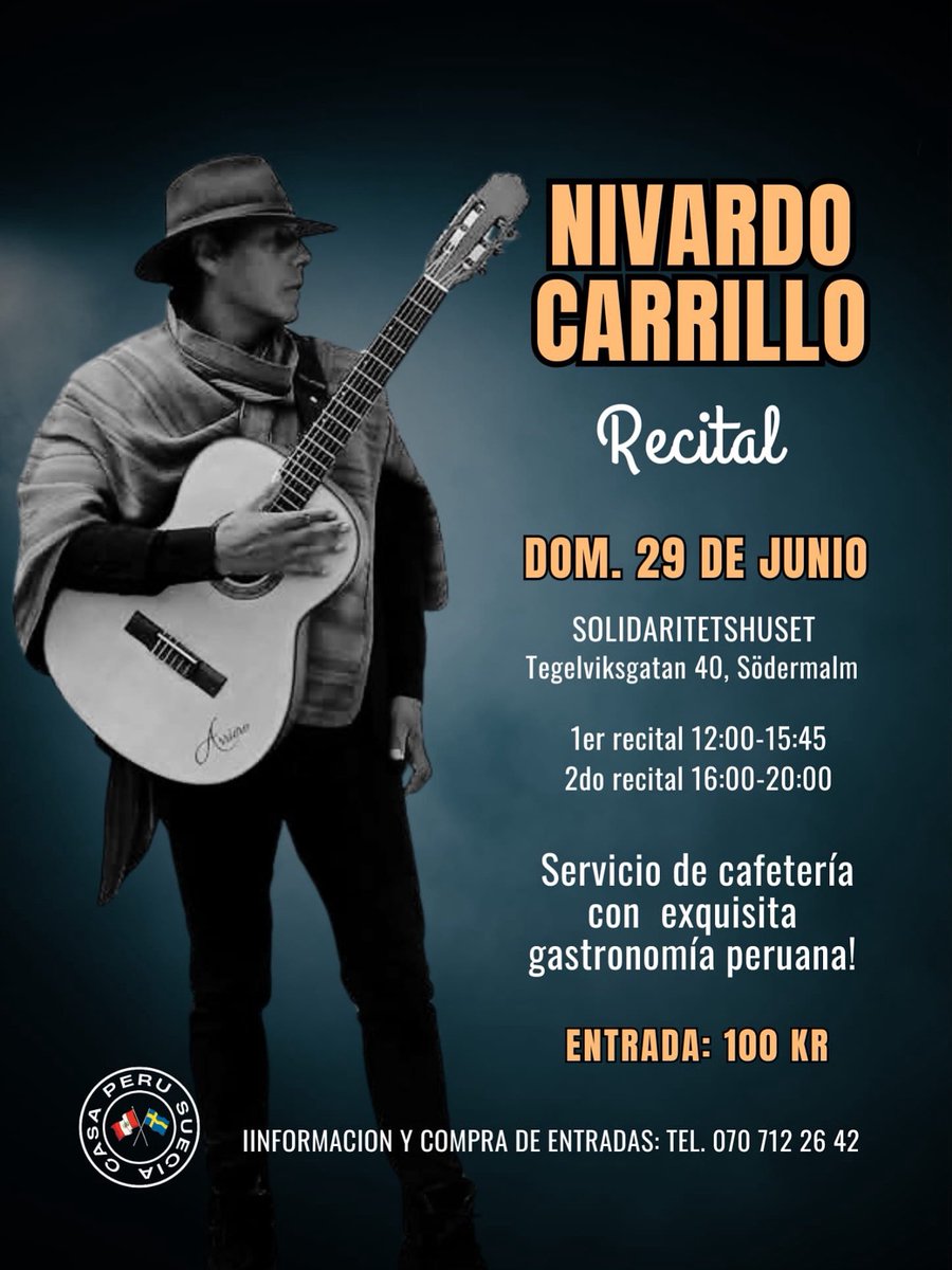 casaperuSE's tweet photo. Njut av låten Gittaristen, i avslutningen av denna midsommarhelg! 😀 Vi ses nästa söndag. 🎉 Disfruten de la canción Guitarrista, para finalizar el fin de semana de midsommar. 😀 Nos vemos el proximo domingo! 🪅

https://t.co/lHmKYg1VIs

#nivadocarrillo #spelningar #Stockholm https://t.co/5HsQjqnUFJ