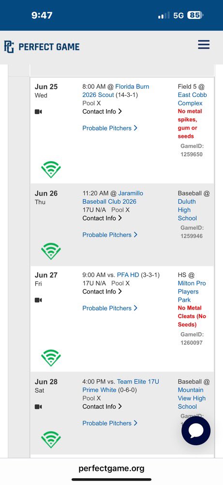 My schedule for the PG  WWBA