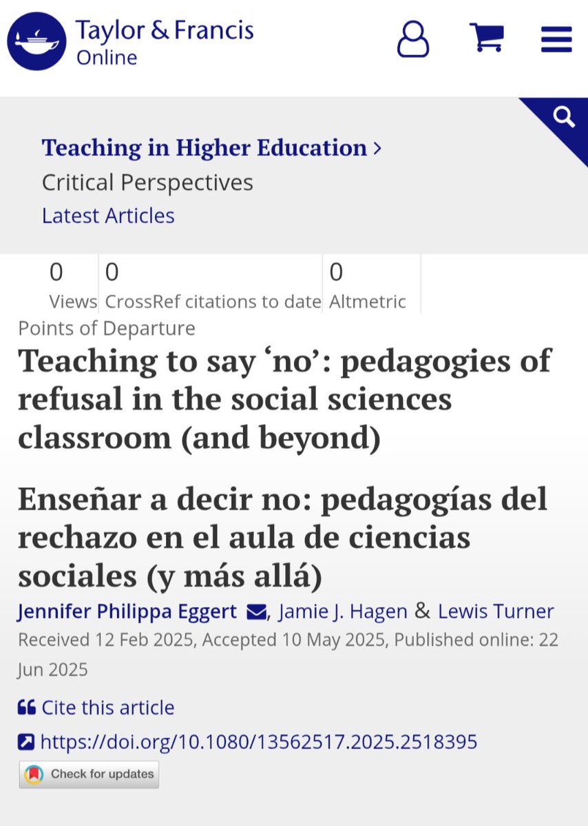 j_p_eggert's tweet image. It&apos;s out 🎉😊❤️ In &apos;Teaching to say &quot;no&quot;&apos; (published now in @TeachinginHE), @Jamiejhagen, @lewiseturner &amp;amp; I build on decolonial, indigenous scholarship to discuss how university teachers can teach their students how to refuse to engage in harmful research.
tandfonline.com/doi/full/10.10…