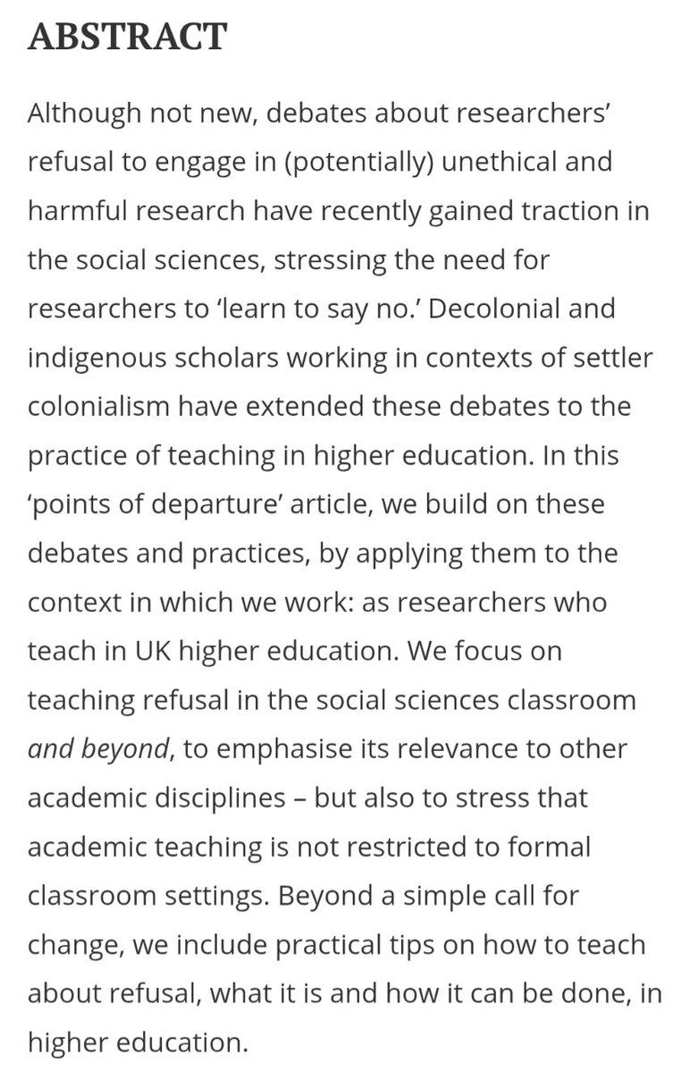 Dr Jennifer P Eggert (@j_p_eggert) on Twitter photo It's out 🎉😊❤️ In 'Teaching to say "no"' (published now in <a href="/TeachinginHE/">Teaching in Higher Education (TiHE)</a>), <a href="/Jamiejhagen/">Dr. Jamie J. Hagen 🍉</a>, <a href="/lewiseturner/">Lewis Turner</a> & I build on decolonial, indigenous scholarship to discuss how university teachers can teach their students how to refuse to engage in harmful research.
tandfonline.com/doi/full/10.10… It's out 🎉😊❤️ In 'Teaching to say "no"' (published now in <a href="/TeachinginHE/">Teaching in Higher Education (TiHE)</a>), <a href="/Jamiejhagen/">Dr. Jamie J. Hagen 🍉</a>, <a href="/lewiseturner/">Lewis Turner</a> & I build on decolonial, indigenous scholarship to discuss how university teachers can teach their students how to refuse to engage in harmful research.
tandfonline.com/doi/full/10.10…