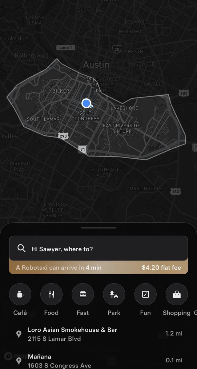 MarioNawfal's tweet photo. 🚨🇺🇸 AUSTIN: TESLA ROBOTAXIS NOW LIVE WITH $4.20 RIDES

Tesla just flipped the switch on robotaxi rides in Austin, starting in a small zone around South Congress, Rainey, Zilker, and East Riverside.

The flat fee? $4.20. No surge, no per-mile math, just pure Elon-brand chaos economics.

Rides are limited to a tight geo-fenced area (for now), but wait times are already down to 4 minutes.

Only 10 vehicles are active at launch, so it’s more beta than breakthrough, but the future’s pulling up to the curb.

If you’re in the zone, it’s officially cheaper to let a robot drive you to tacos than pay for parking.

Sources: @elonmusk, @Tesla_AI, @SawyerMerritt