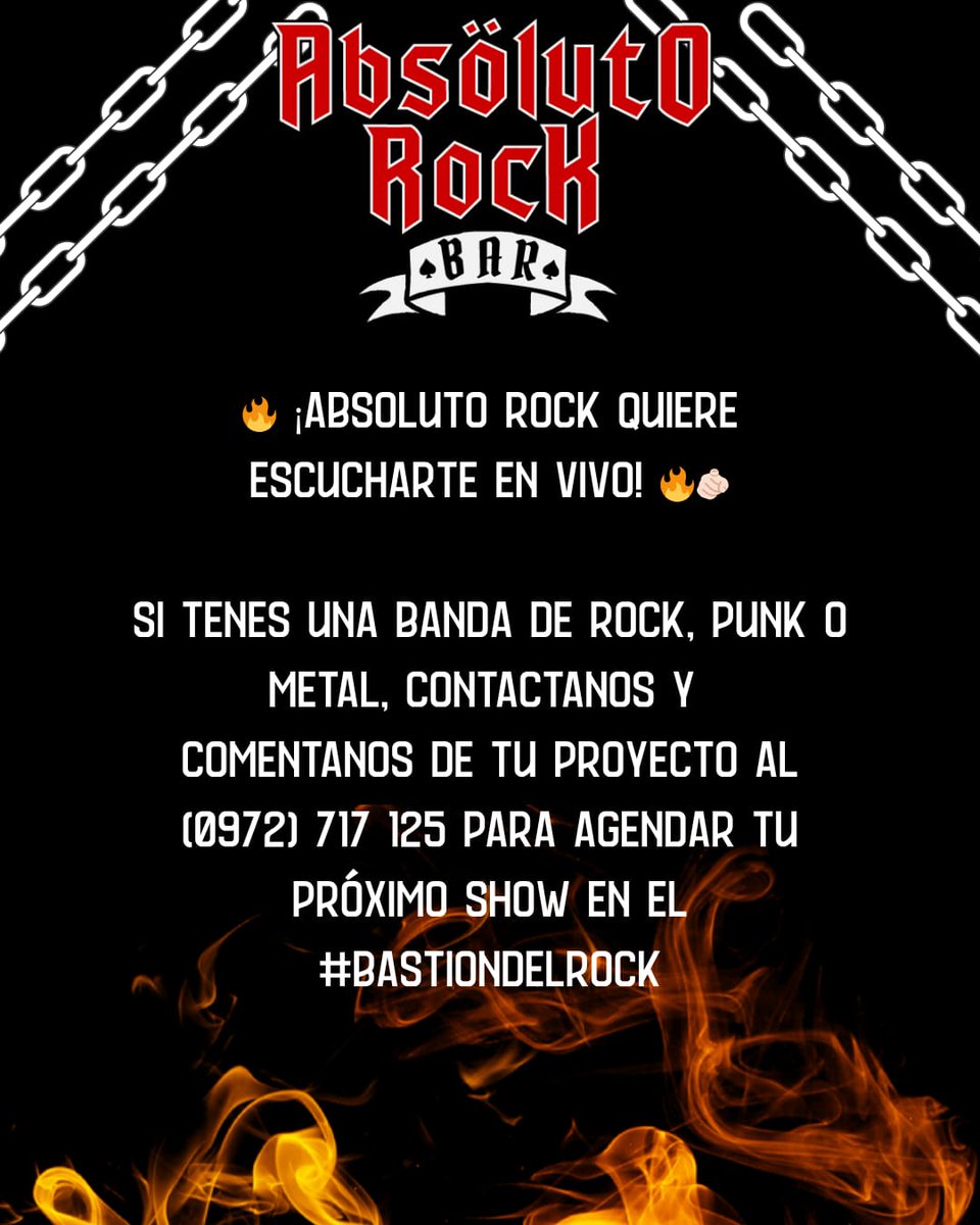 🔥🔥🔥 Esta info te puede interesar🔥🔥🔥 

A todos los músicos, productoras o bandas de diferentes estilos que quieran tocar en vivo en el #BastionDelRock

Favor ponerse de contacto con nosotros al nro 0972 717 125

#AbsolutoRockBar
#MusicaEnVivo
#Rock
#Punk
#Metal