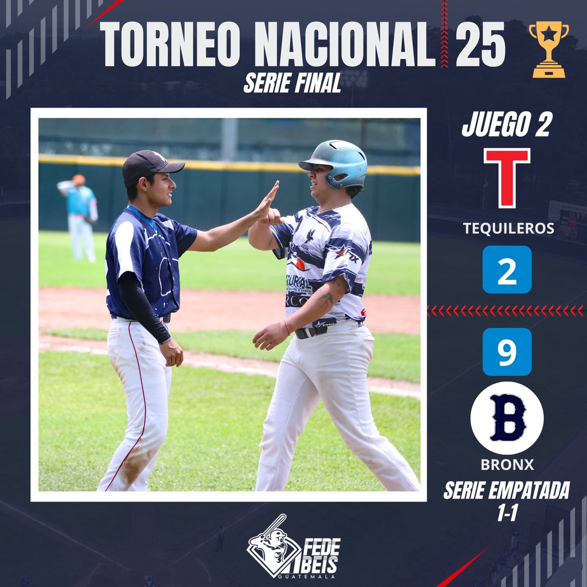 FedebeisGUA's tweet photo. ¡HABRÁ TERCER JUEGO ⚾️🇬🇹!

La serie final del Torneo Nacional 2025 para la Categoría Mayor “B” se extenderá a un tercer y definitivo encuentro luego de que Bronx se impuso 9-2 a Tequileros en el choque que se disputó este domingo, e igualó la contienda a un triunfo por bando. https://t.co/UYC4ygEpw1