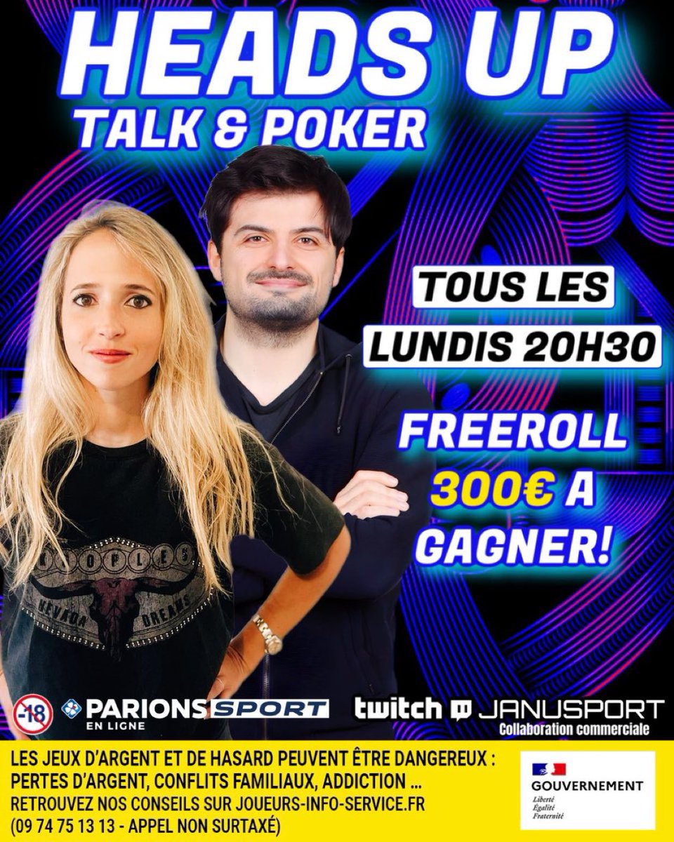 Rendez-vous lundi pour Head’s Up notre émission poker sur Twitch dès 20h30 avec <a href="/TamerlanXIV/">Flo Marlière</a> et <a href="/MargauxPonnelle/">Margaux Ponnelle</a> ♣️ 

300€ à gagner dans notre tournoi gratuit sur <a href="/ParionsSport/">ParionsSport en Ligne 🔞</a>, le mot de passe sera donné en stream et est déjà dispo sur Discord : discord.gg/8rHhevTa 🔐