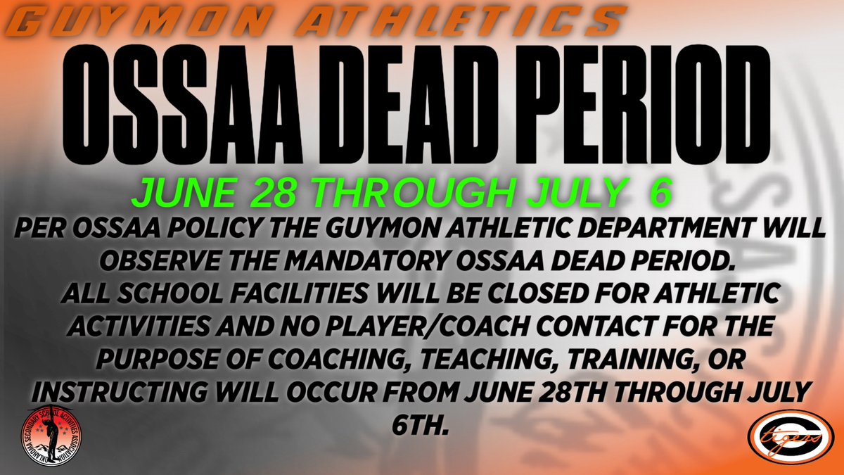 5 Days until the Dead Period

📢 OSSAA Dead Period: June 28 – July 6 ⛔

All school facilities will be closed. No athletic activities or player/coach contact for coaching, training, or instruction. Rest up, Tigers — we’ll be back at it after July 6!