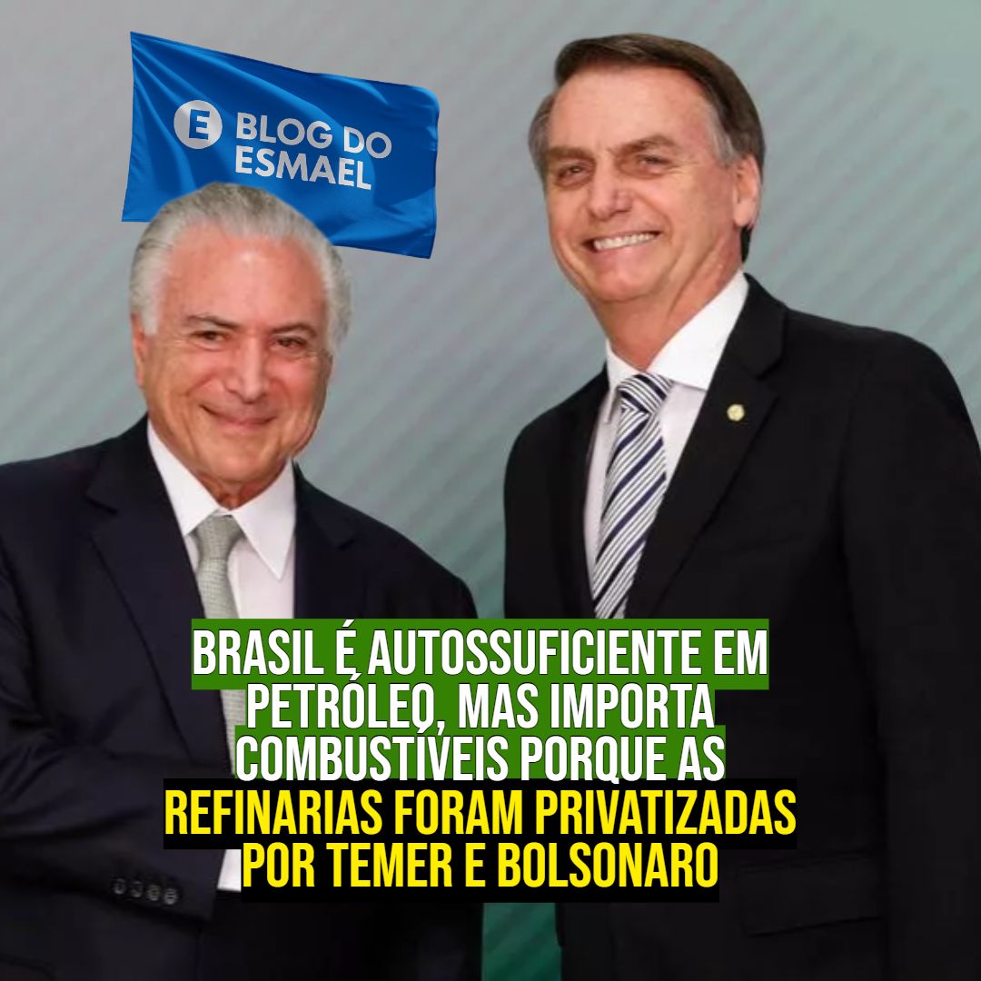 🇧🇷 O BRASIL TEM PETRÓLEO, MAS IMPORTA COMBUSTÍVEL

🛢️ O país é autossuficiente em petróleo bruto, graças ao pré-sal.

⛽ Mas segue importando gasolina, diesel e gás de cozinha. Por quê?

🔥 Porque Temer e Bolsonaro privatizaram e fecharam refinarias da Petrobras, desmontando o
