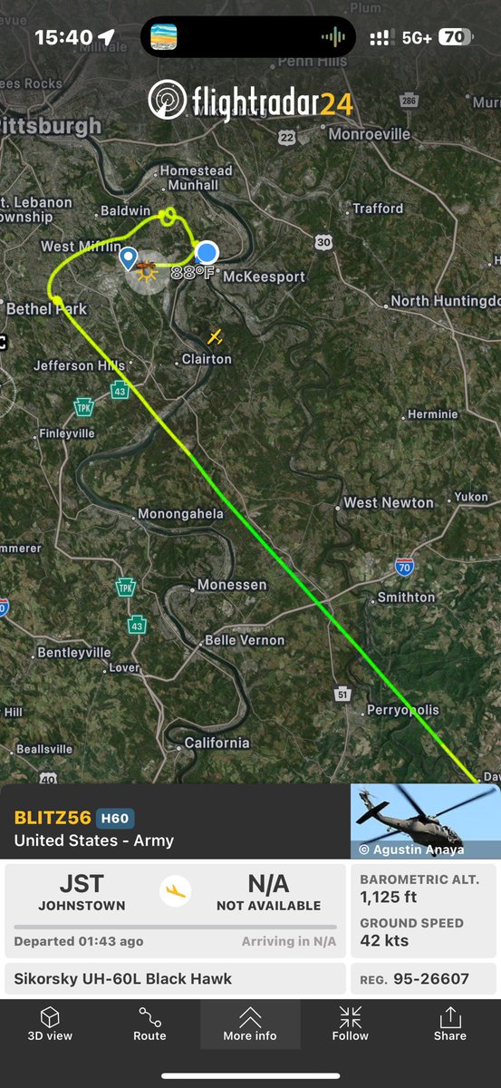 _DjRyan's tweet photo. Weird/Cool/mostly weird: a US Army Black Hawk just circled above my mom’s suburban #Pittsburgh neighborhood at under 1,000 feet. There are no events nearby nor is there a military presence in the area. https://t.co/TLrZLuHTYp