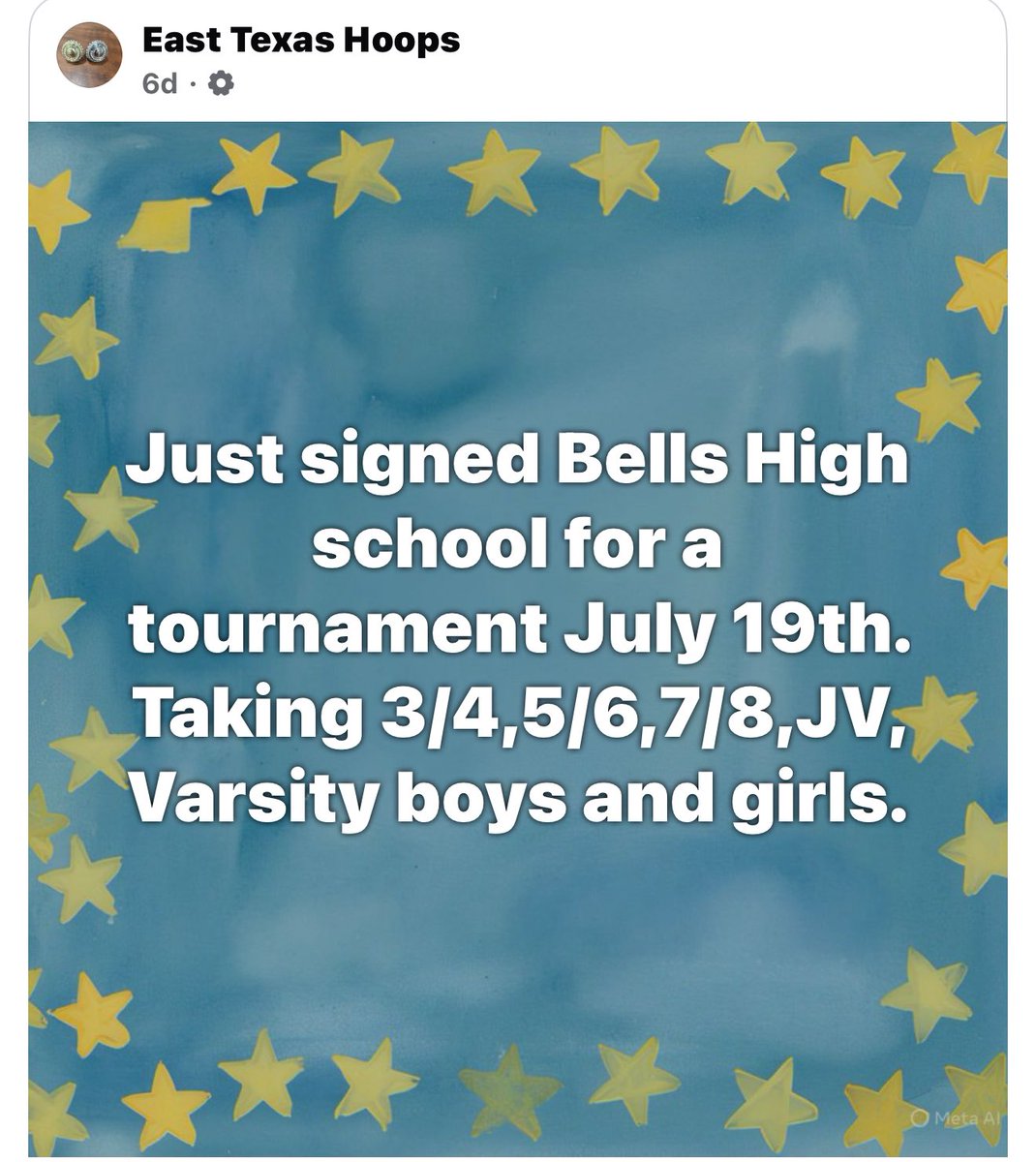 Ty Davis (@coachtydavis) on Twitter photo Hosting an East Texas Hoops tournament at Bells ISD on July 19th. All age divisions 3rd/4th thru Varsity Girls and Boys. Please reach out if you have any questions or register at
easttexashoops.com/registration
<a href="/Tabchoops/">𝙏𝘼𝘽𝘾🏀📋</a> <a href="/hoopinsider/">Hoopinsider</a> <a href="/STBA_TX/">STBA-TX.com</a> Hosting an East Texas Hoops tournament at Bells ISD on July 19th. All age divisions 3rd/4th thru Varsity Girls and Boys. Please reach out if you have any questions or register at
easttexashoops.com/registration
<a href="/Tabchoops/">𝙏𝘼𝘽𝘾🏀📋</a> <a href="/hoopinsider/">Hoopinsider</a> <a href="/STBA_TX/">STBA-TX.com</a>