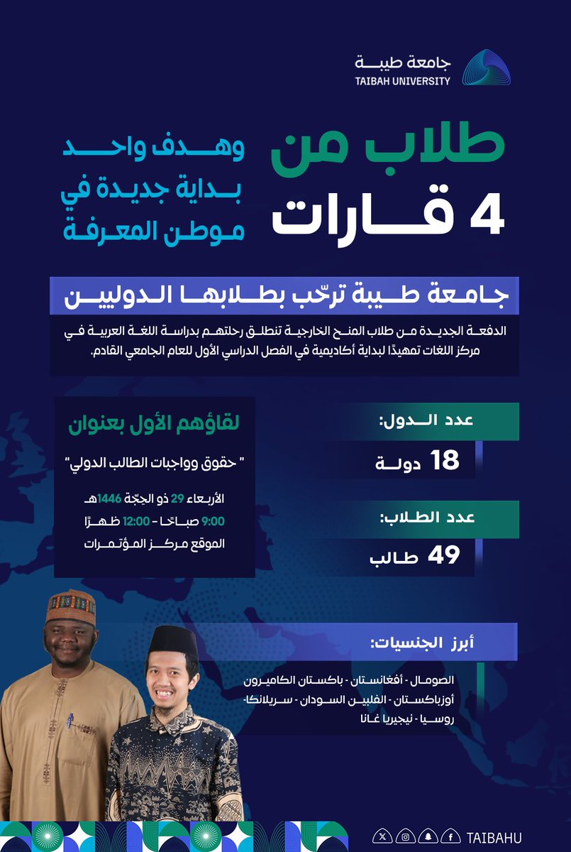 49 طالبًا وطالبة
من 18 دولة و4 قارات
ينطلقون في رحلتهم المعرفية
في #جامعة_طيبة 

أولى محطّاتهم: لقاء تعريفي
بعنوان “حقوق وواجبات الطالب الدولي”

الأربعاء 29 ذو الحِجّة 1446هـ
📍 مركز المؤتمرات