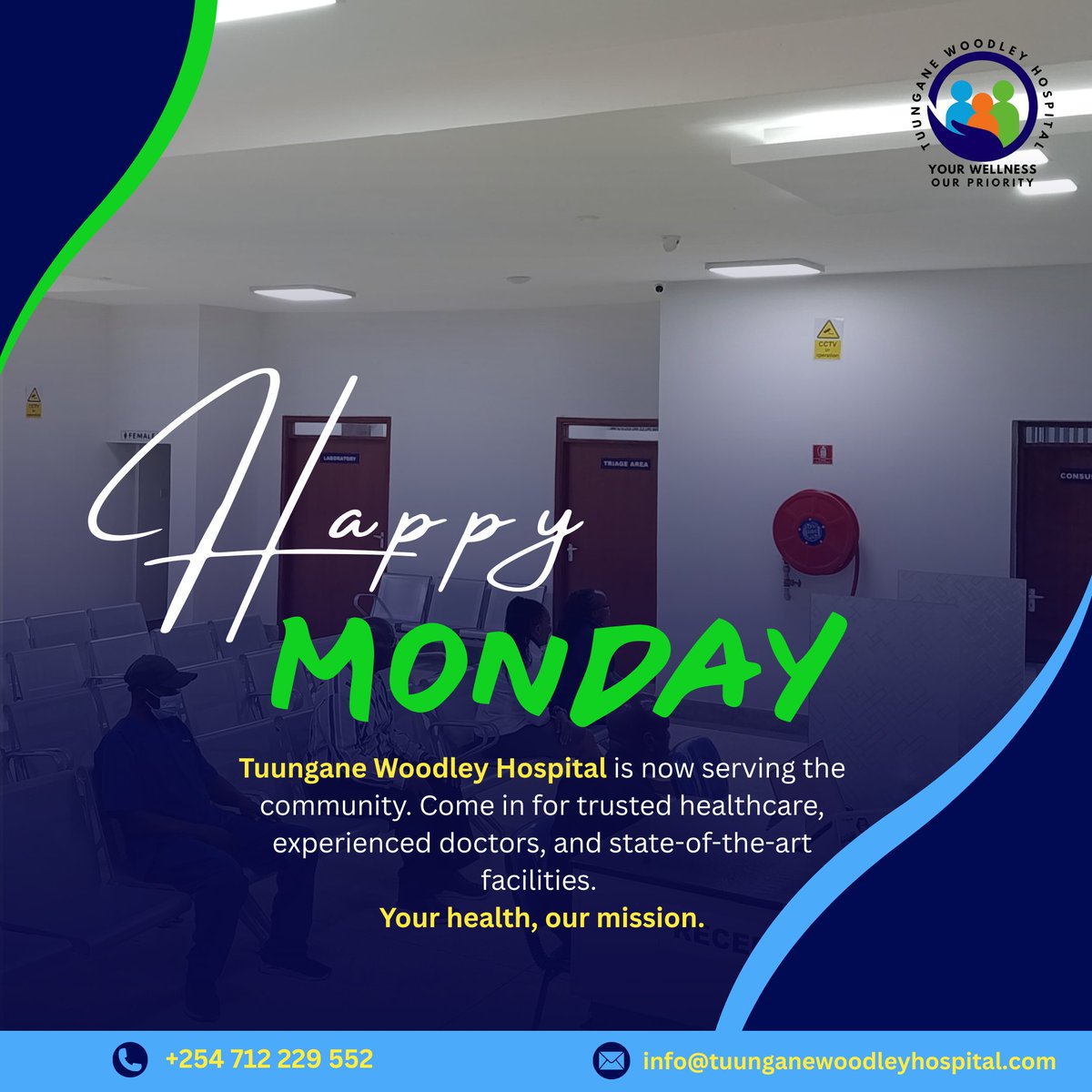 TWhospital's tweet photo. Happy Monday! Start your week with good health and a positive mindset! 

Visit Tuungane Woodley Hospital for top-notch medical care.
#YourHealthOurPriority #HappyMondayTuungane https://t.co/7mN0CmtPLb