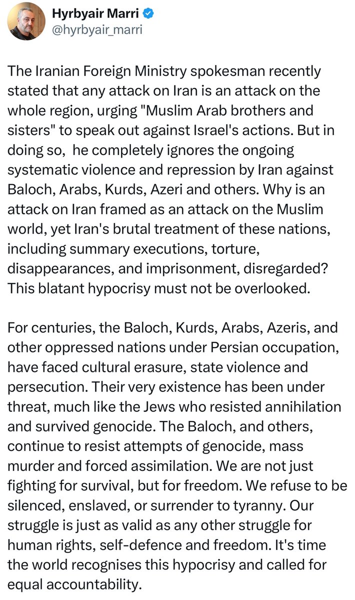 Free Balochistan Movement (@freebaluchmovt) on Twitter photo For centuries, the Baloch, Kurds, Arabs, Azeris, and other oppressed nations under Persian occupation, have faced cultural erasure, state violence and persecution.
<a href="/hyrbyair_marri/">Hyrbyair Marri</a> For centuries, the Baloch, Kurds, Arabs, Azeris, and other oppressed nations under Persian occupation, have faced cultural erasure, state violence and persecution.
<a href="/hyrbyair_marri/">Hyrbyair Marri</a>