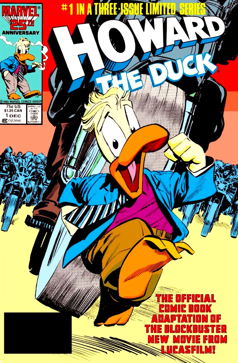 XMen90sCovers's tweet image. 2342). Dec1986.
Not content with just one adaptation, Marvel printed a second adaptation of the widely-lambasted Howard The Duck movie, this one spread out over three issues. Kyle Baker with the cover