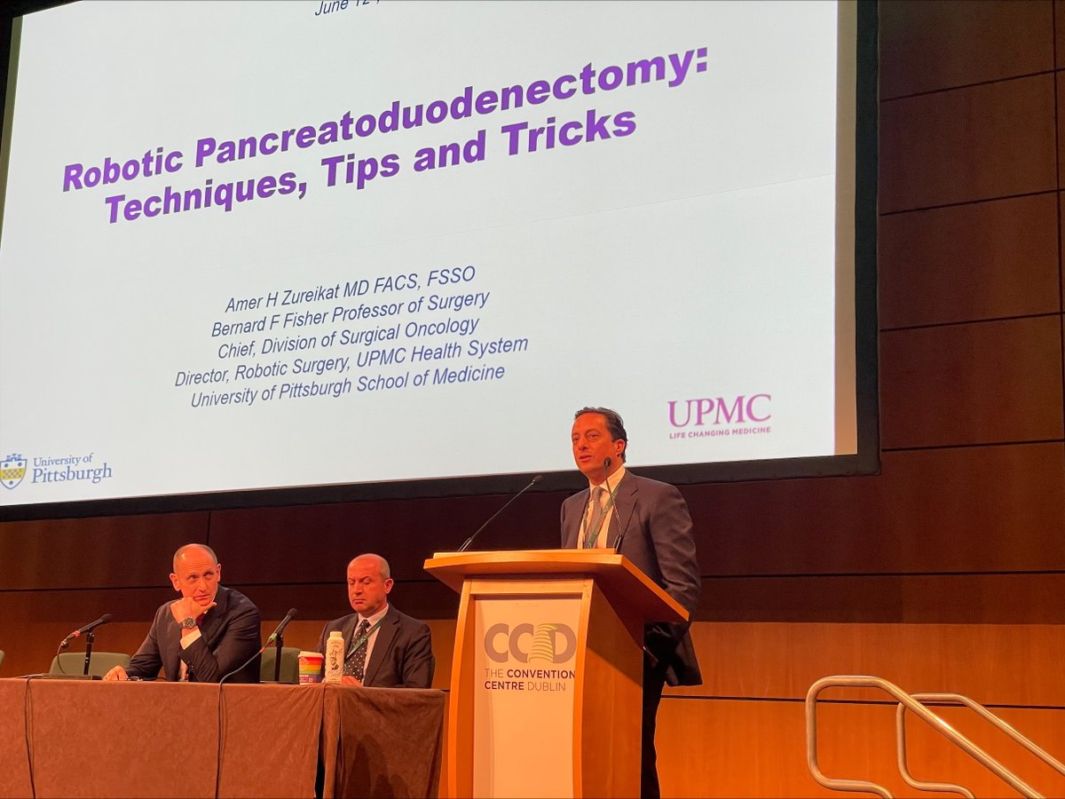 UPMCHillmanCC's tweet image. On 6/12, @AmerZureikatMD, chief, Surgical Oncology, UPMC Hillman, was an invited speaker at the 16th Biennial Congress of the European-African Hepato-Pancreato-Biliary Association in Ireland where he presented on “Robotic Pancreatoduodenectomy: Techniques, Tips and Tricks.”