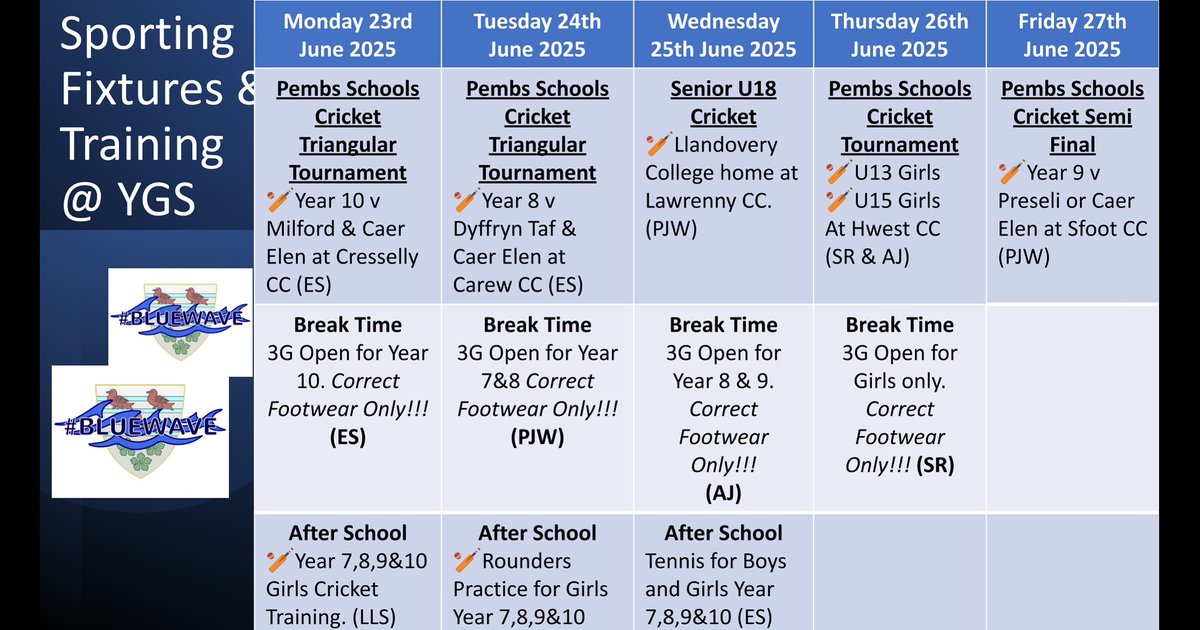 MrPJWilliamsPE (@mrpjwilliamspe1) on Twitter photo π¨ Health & Wellbeing AoLE extra-curricular activities & fixtures for the week ahead.
Letβs just call it Cricket Week π #bluewave π΅βͺοΈ
TIA local clubs hosting these fixtures #diolch <a href="/YsgolGreenhill/">Ysgol Greenhill School</a> <a href="/CressellyCC/">Cresselly CC</a> <a href="/CarewCC/">Carew Cricket Club</a> <a href="/LawrennyCC/">Lawrenny CC</a> <a href="/HaverfordwestCC/">Haverfordwest CC</a> <a href="/saundersfootcc/">Saundersfoot Cricket</a> π¨ Health & Wellbeing AoLE extra-curricular activities & fixtures for the week ahead.
Letβs just call it Cricket Week π #bluewave π΅βͺοΈ
TIA local clubs hosting these fixtures #diolch <a href="/YsgolGreenhill/">Ysgol Greenhill School</a> <a href="/CressellyCC/">Cresselly CC</a> <a href="/CarewCC/">Carew Cricket Club</a> <a href="/LawrennyCC/">Lawrenny CC</a> <a href="/HaverfordwestCC/">Haverfordwest CC</a> <a href="/saundersfootcc/">Saundersfoot Cricket</a>
