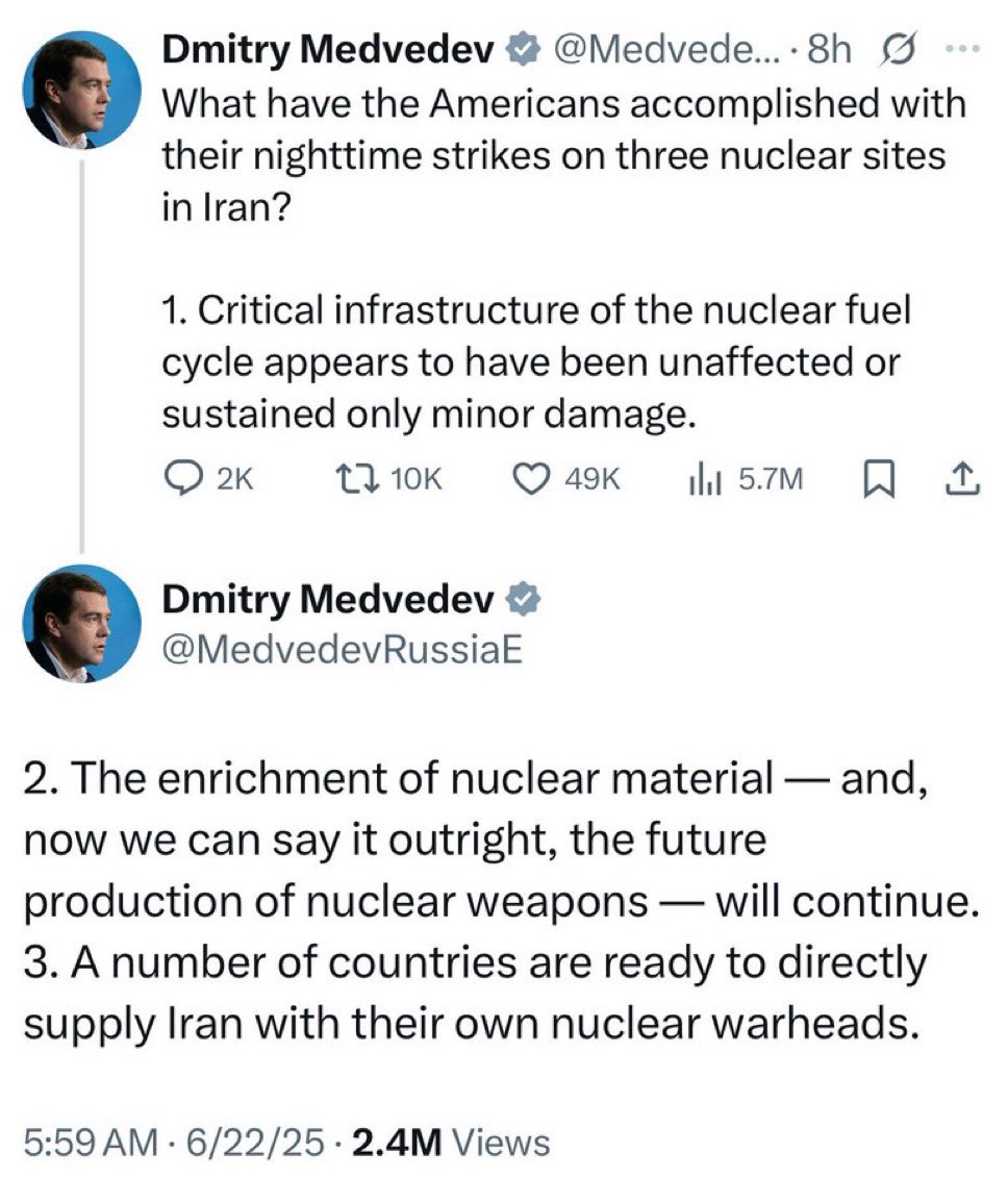 This is an actual tweet from a former Russian President and the Head of Russia’s security council (technically under Putin)

He just admitted that Iran’s goal was to make nuclear weapons

This was already obvious from their 60% enrichment level

But how do people not get this?